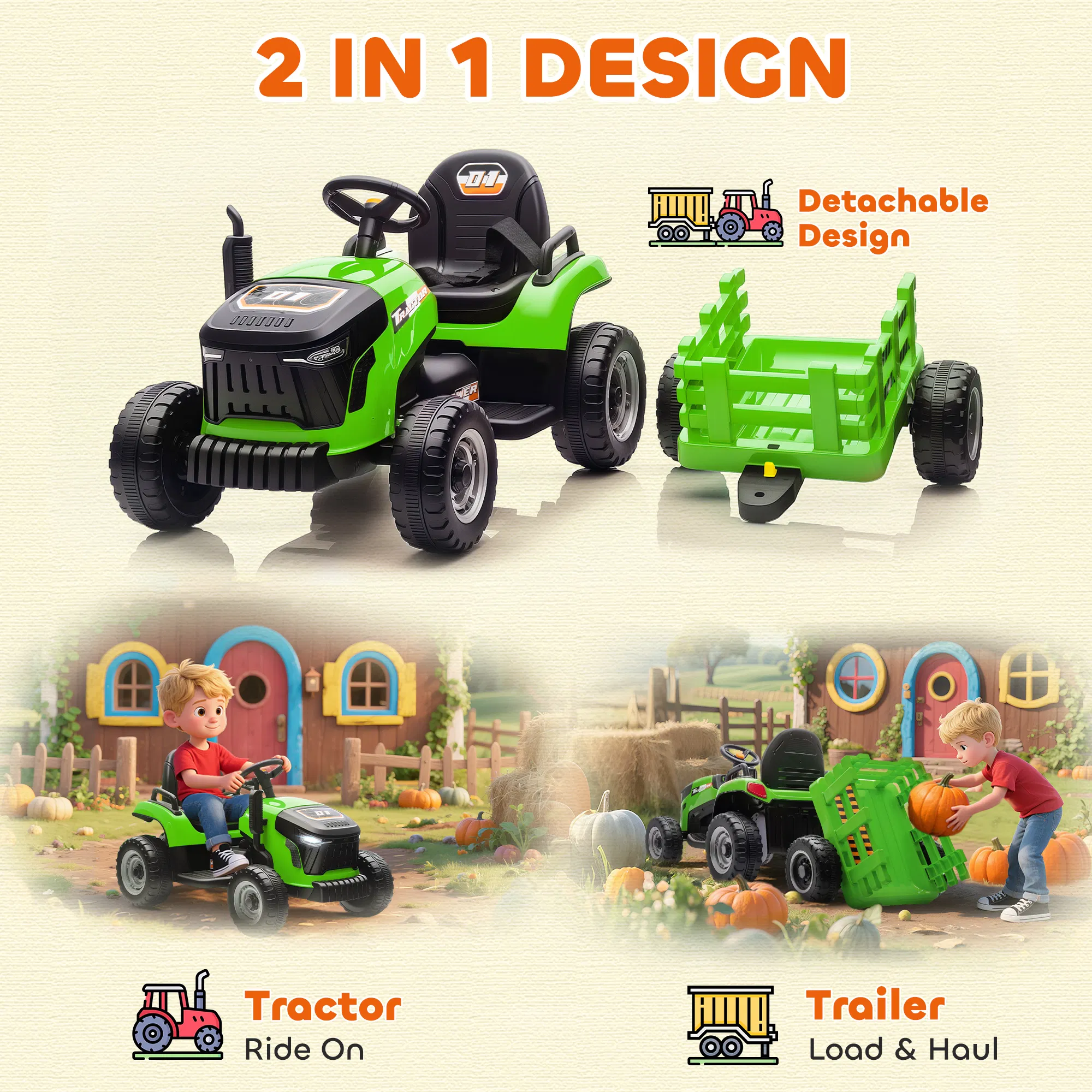 12V Kids Ride On Tractor with Trailor, Remote Control, Music, Lights, Shifter, for Kids Ages 3-8 Years, Green photo 4