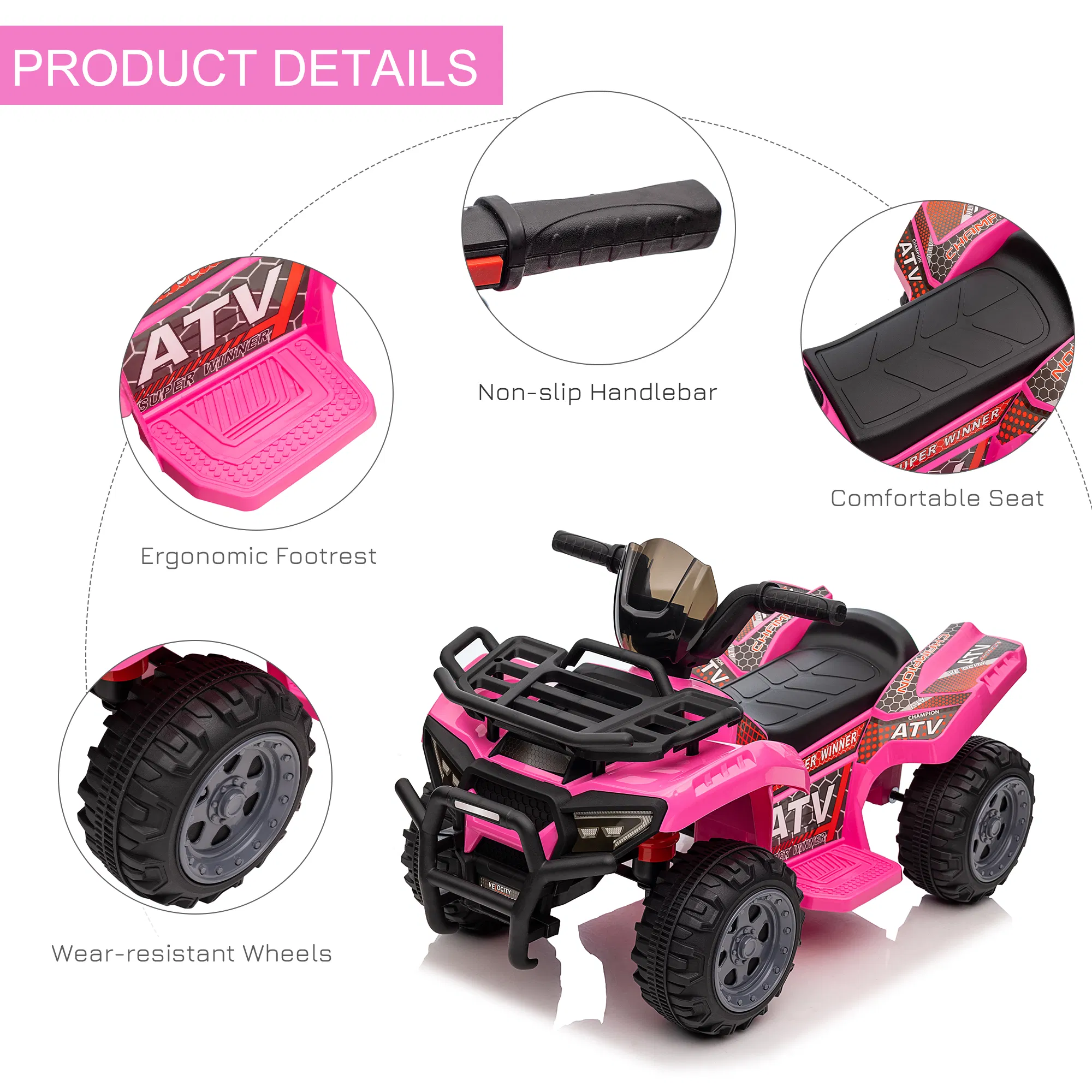 6V Kids ATV Quad, 4 Wheeler Battery Powered Electric Ride on Car with Music, Forward, for Boys and Girls Ages 18-36 Months, Pink photo 3