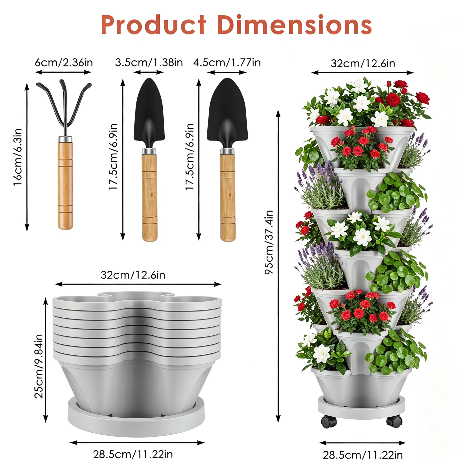 7-Tier Vertical Stackable Planter Tower with Casters, Space-Saving Stack-Up Garden Pots with Complete Tool Kit for Balcony, Deck, Indoor & Outdoor Gardening photo 8