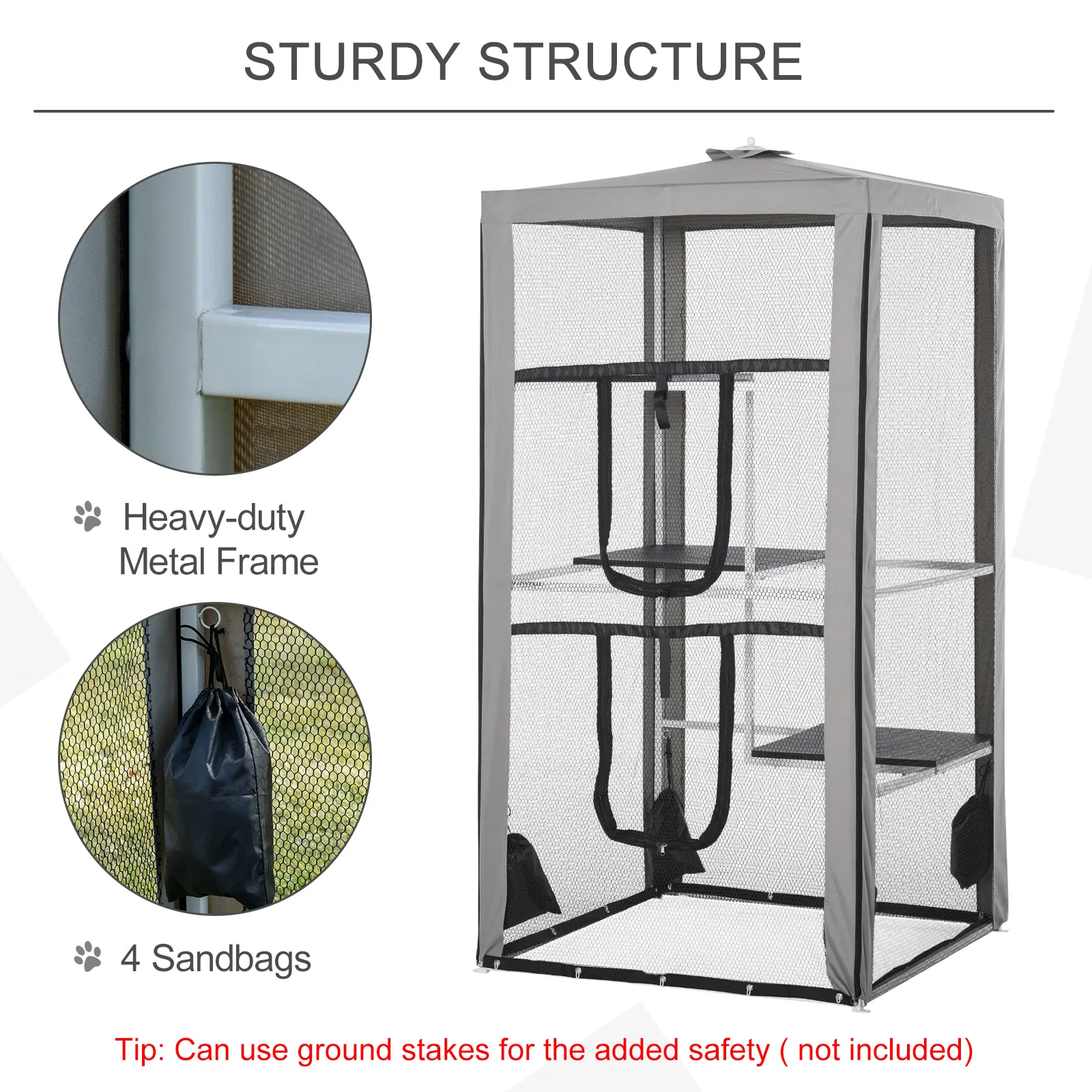 79" Cat Cage, Large Outdoor Kitten House, Indoor Cage Pet Kennel Playpen with 3 Platforms Door 4 Sandbags - Grey photo 2