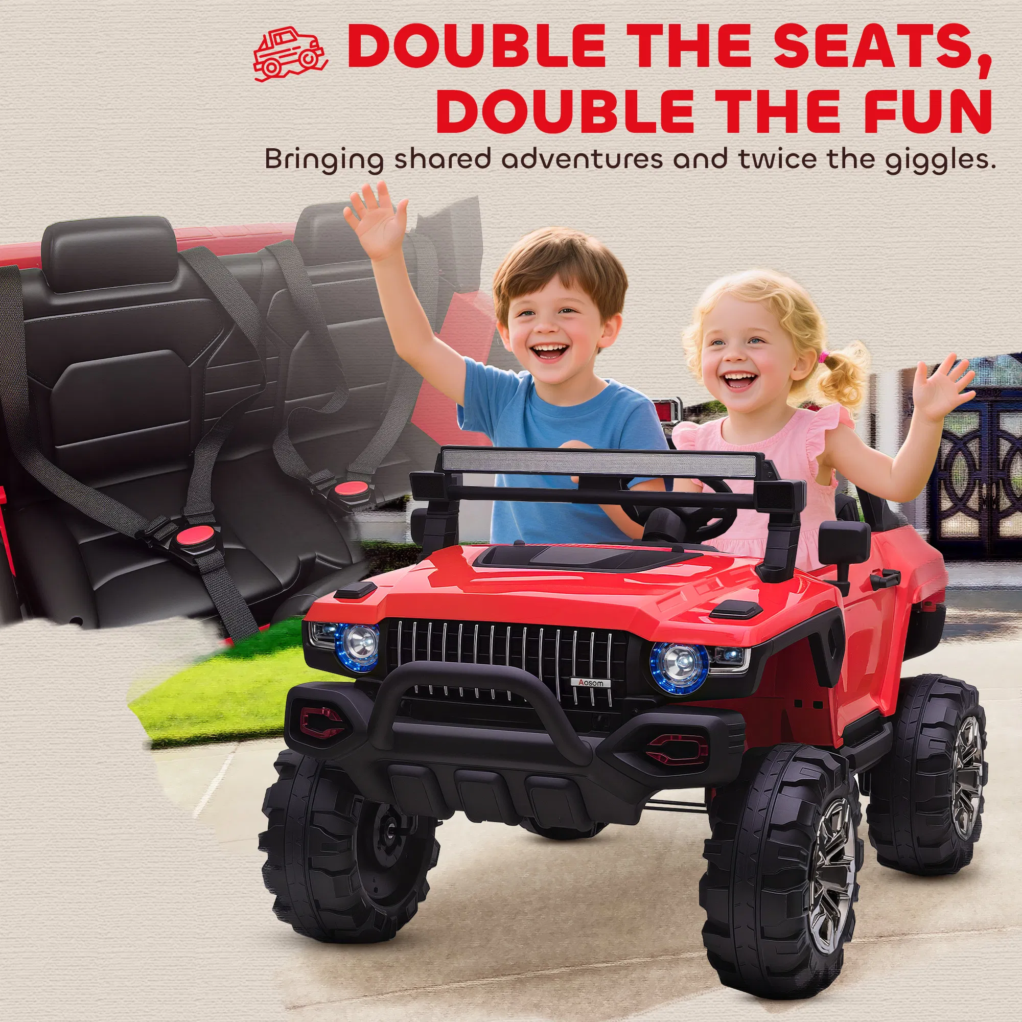 2-Seater Kids Ride On Police Car, 12V 7AH Ride on Truck, Electric Car for Toddlers with Remote Control, LED Lights, Big Wheels, 4 Shock Absorbers, MP3, Storage, Red photo 4