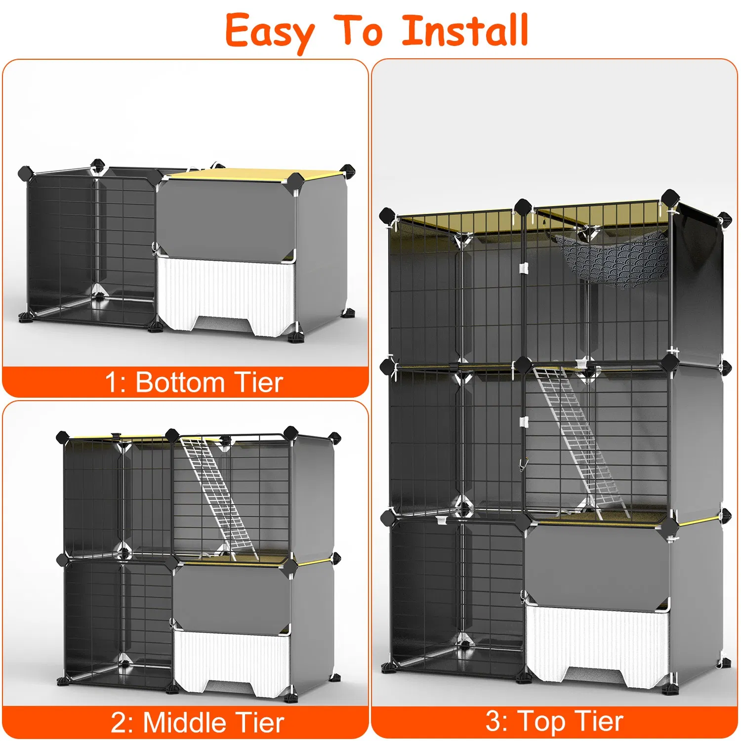 Multi-Level Cat Playpen Cage, 3-Tier Indoor Cat House with Built-in Litter Tray, Litter Scoop, Reversible Hammock for Kittens, Ferrets, Rabbits photo 2