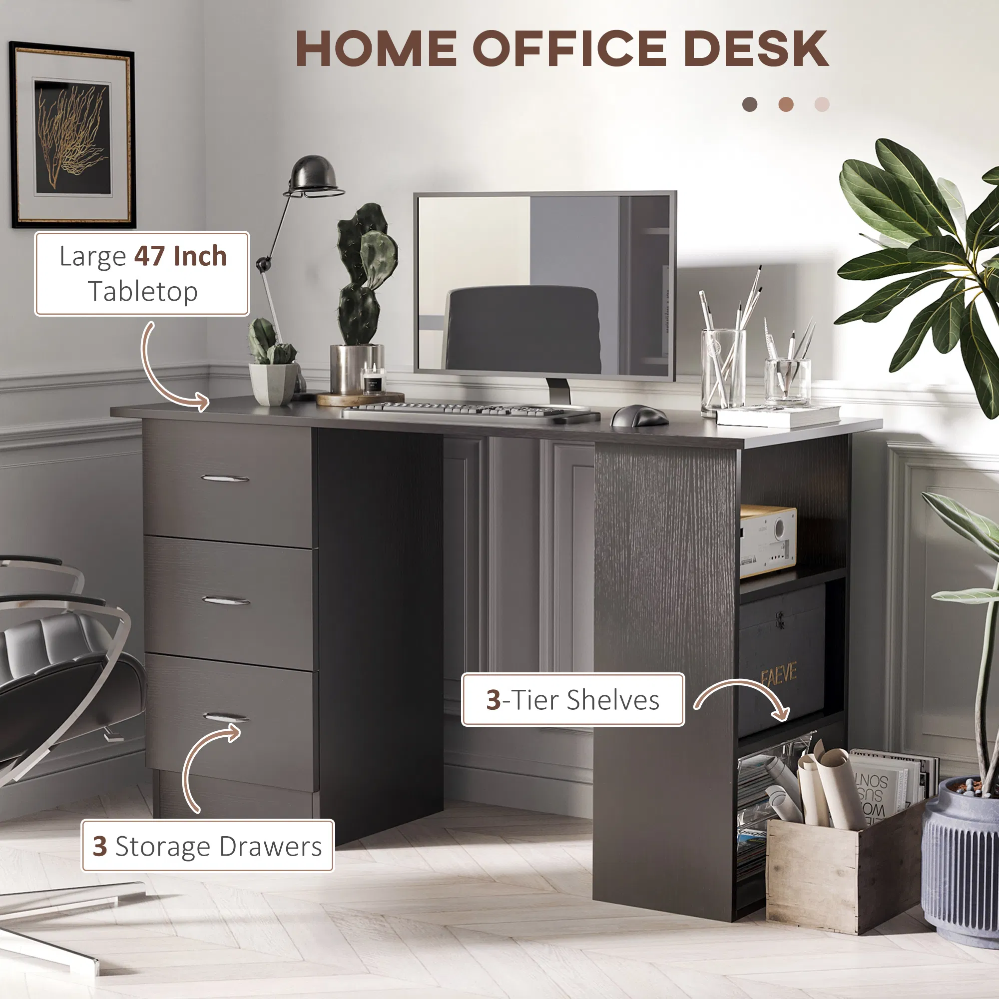 47 Inches Home Office Desk with 3-Tier Storage Shelves, Computer Desk with Drawers, Study Writing Table, Black photo 2