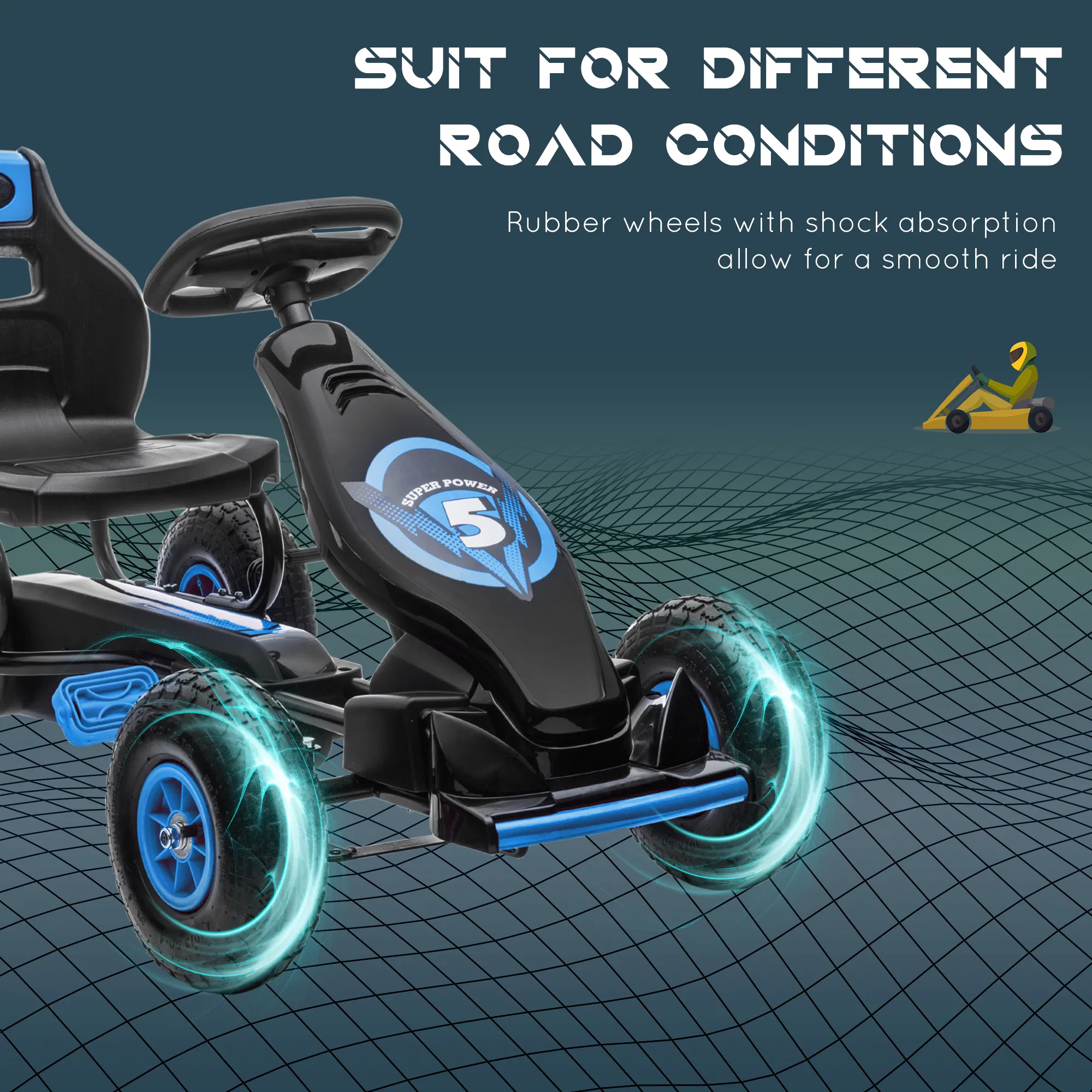 Kids Pedal Go Kart, Ride On Toys for Boys Girls with Ergonomic Adjustable Seat, Rubber Wheels Shock Absorb, Safety Hand Brake, Ages 5-12 Years Old, Blue photo 2