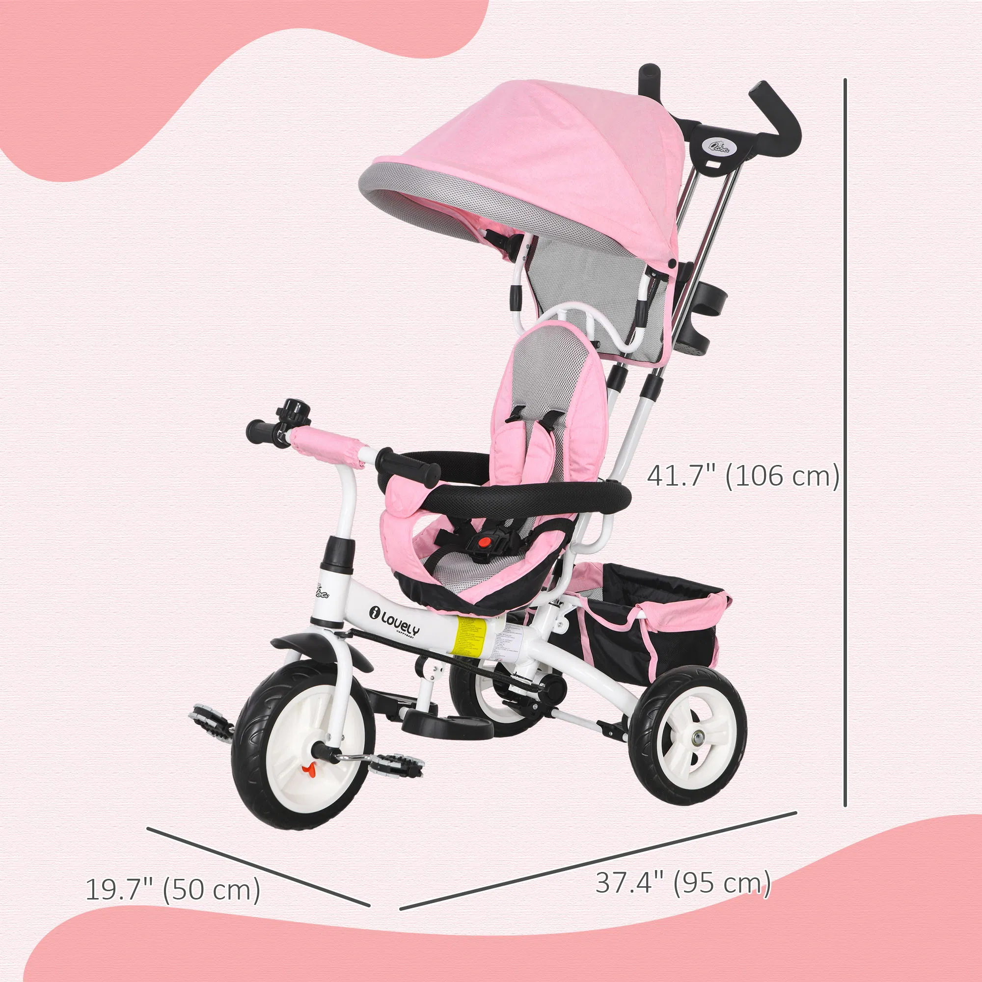 6 in 1 Toddler Tricycle Stroller with Basket, Canopy, 5-point Safety Harness, for 12-60 Months, Pink photo 4