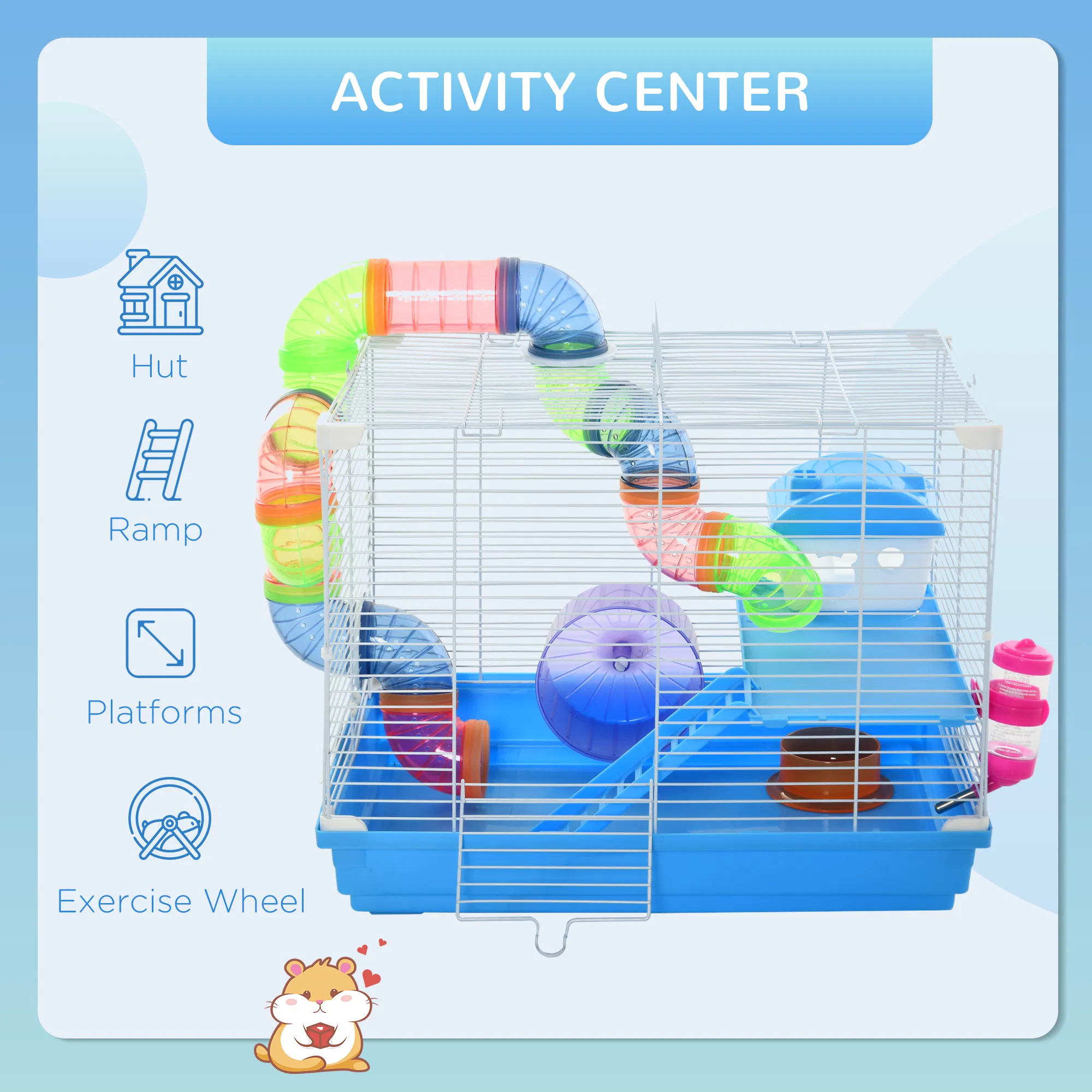 18"L Hamster Cage, Small Animal House, 2-Level Rat Gerbil Haven with Tunnel Tube System, Exercise Wheel, Water Bottle, Food Dish, Ramp, Blue photo 6