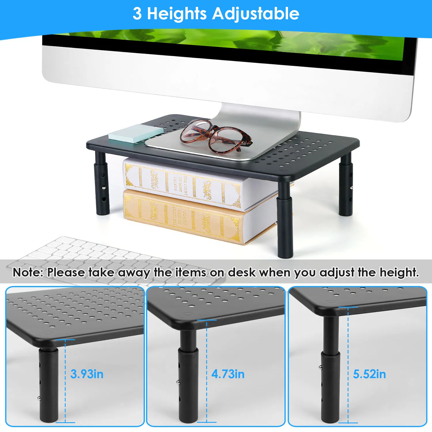 3-Level Adjustable Computer Monitor Stand, Metal Mesh Ventilated Riser, 44 Lbs Max Load, Easy Assembly for Home Office Desktop Use photo 2