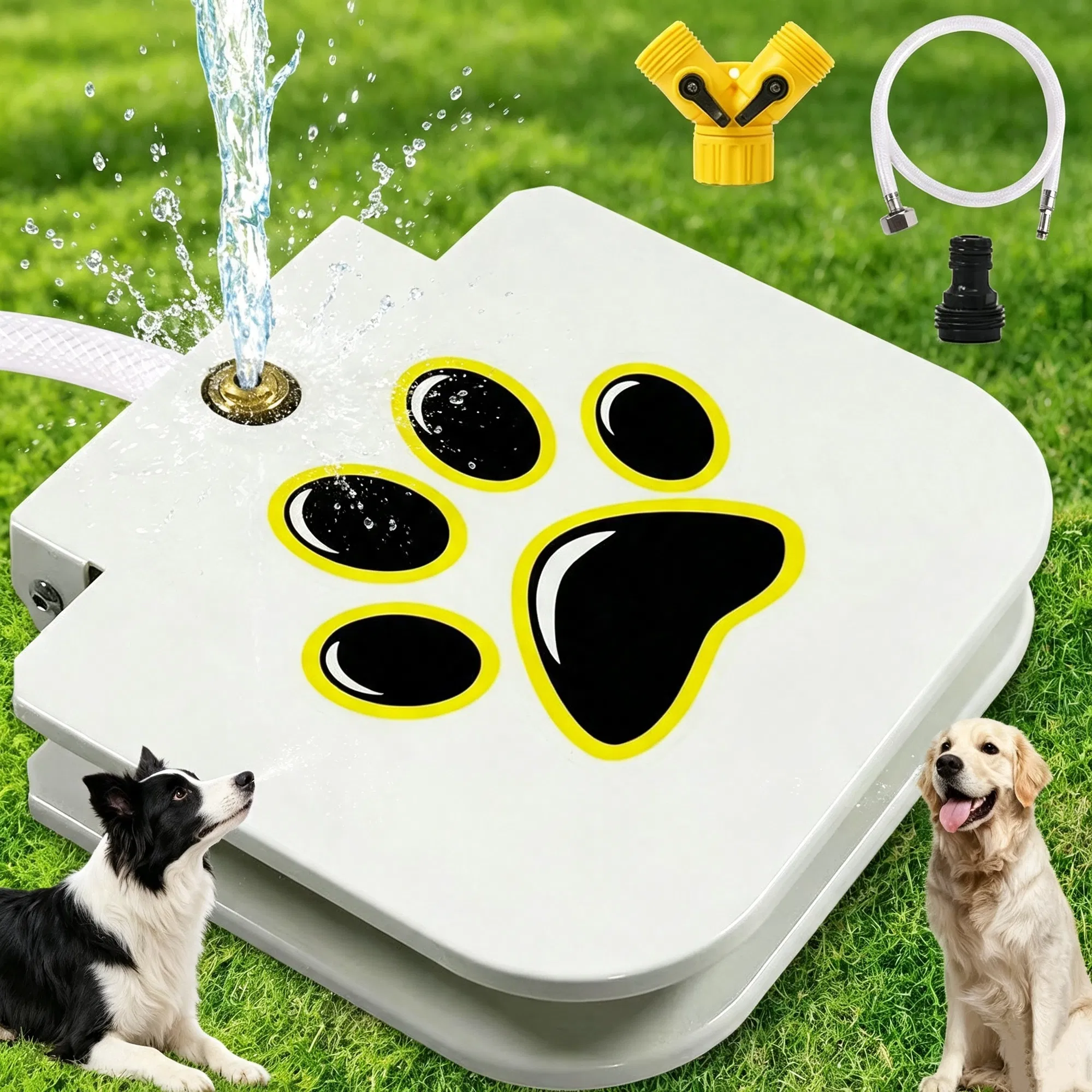 Step Activated Dog Water Dispenser, Outdoor Pet Drinking Fountain with 2-Way Water Splitter, Iron Build for Backyard Garden Use photo 1