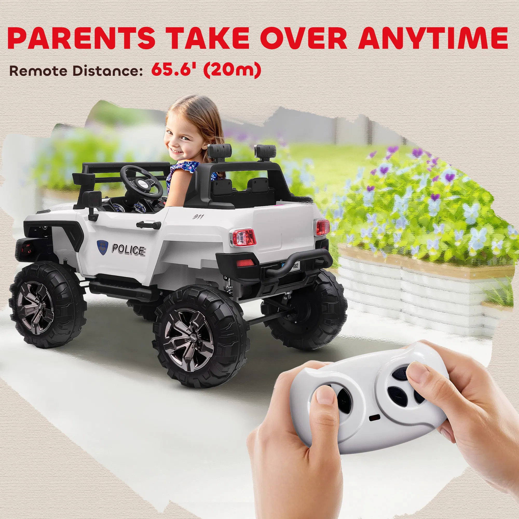 Kids Ride-On Car 12V RC 2-Seater Police Truck Electric Car For Kids with Full LED Lights, MP3, Parental Remote Control (White) photo 3