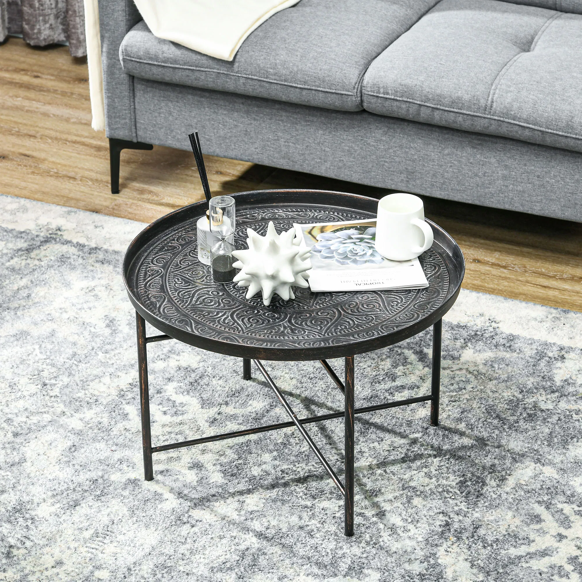 Vintage Coffee Table for Living Room, 24" Round Center Table with Hammered Tray Top and Metal Frame, Pewter photo 3