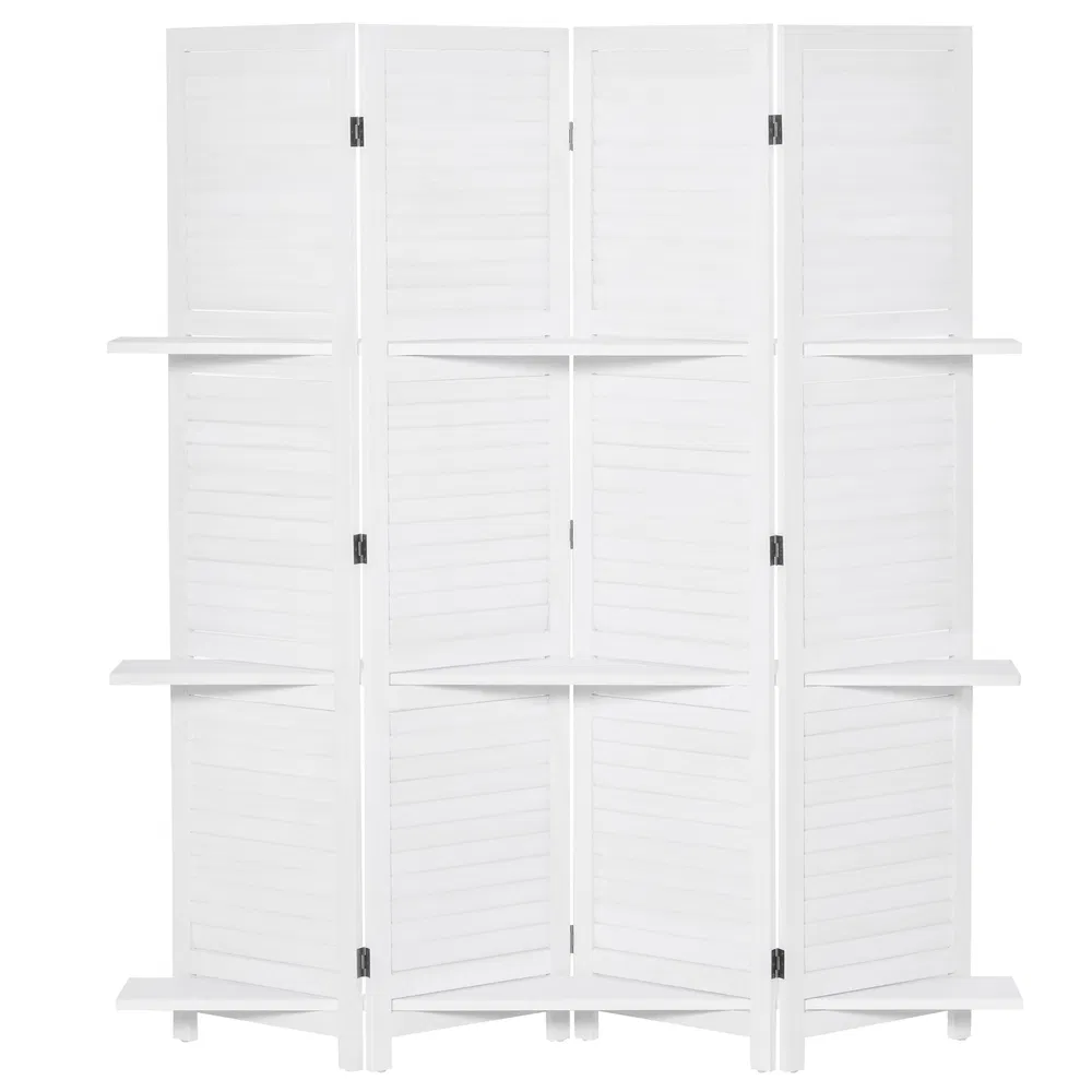 4-Panel Wall Partition Room Separator with 3 Storage Shelves Foldable Design Wooden Frame 5.6FT White photo 7