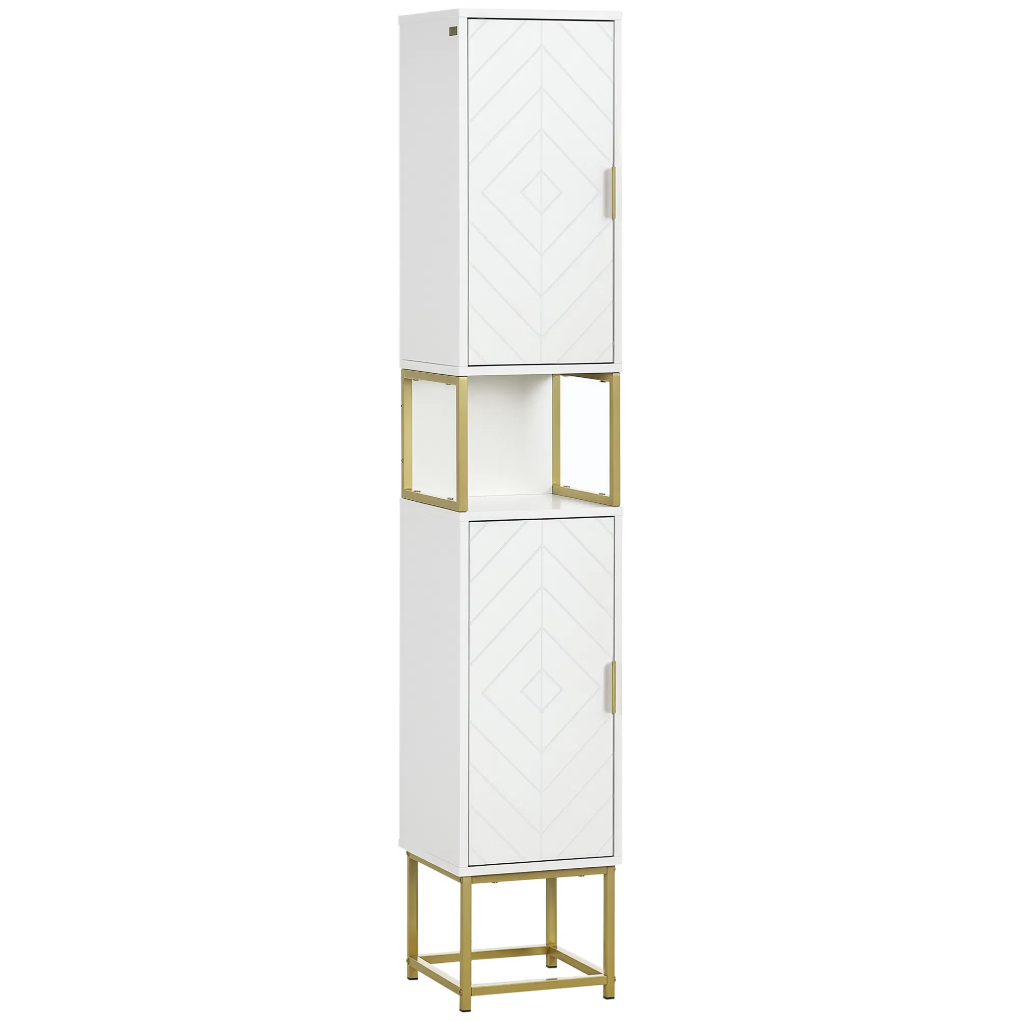 Tall Bathroom Storage Cabinet, Modern Narrow Bathroom Cabinet with Diamond Chevron Pattern and Adjustable Shelf, White photo 1