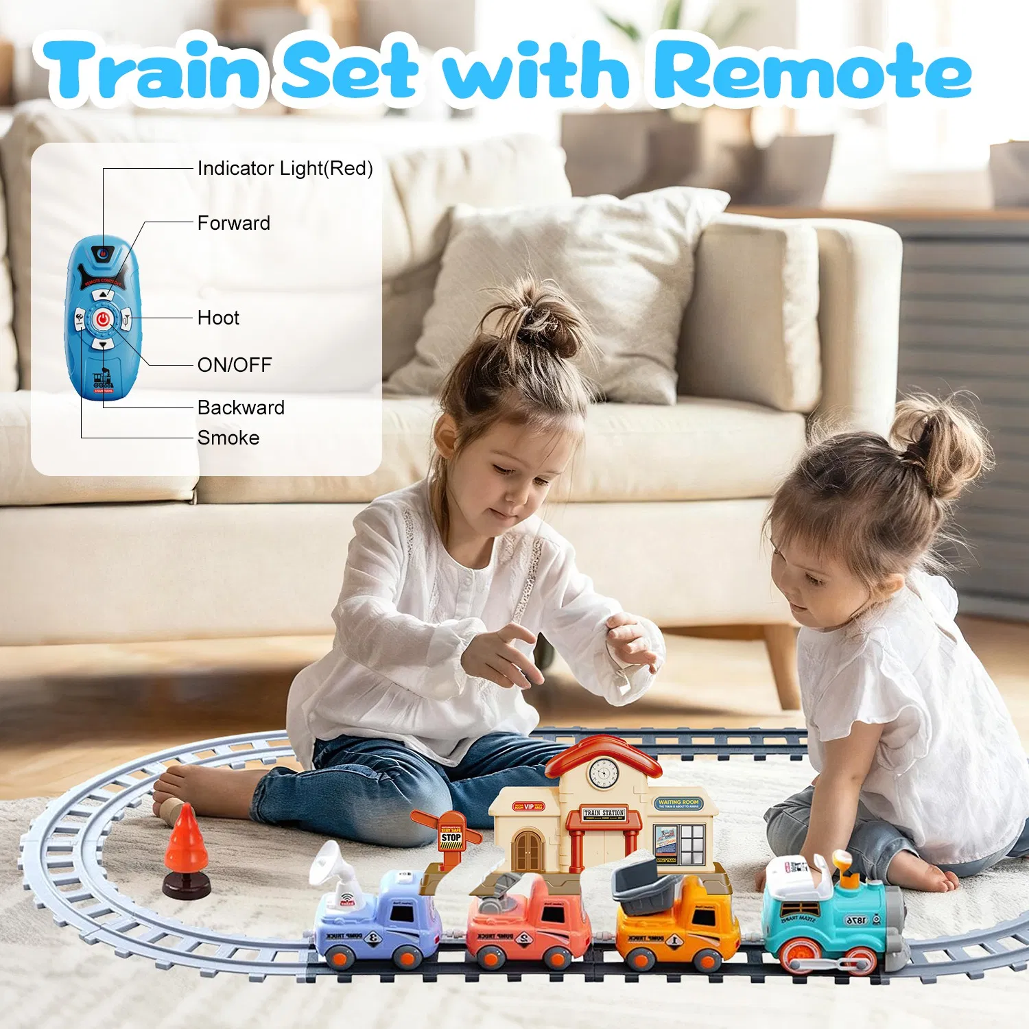 Kids Electric Train Set with Remote - Immersive Play with Authentic Train Sounds, Smoke Effects & Colorful Lights, Magnetic Connection Locomotive + 3 Trucks, Easy Assembly Tracks & Accessories, Perfec photo 3