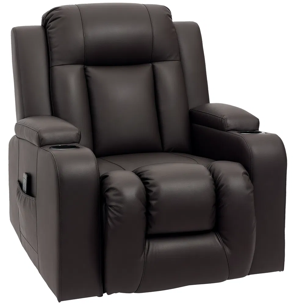 Swivel Massage Recliner Chair Rocker, Overstuffed Manual Reclining Sofa, PU Leather Rocking Chair with Side Pockets, Cup Holders, for Living Room, Nursery, Brown photo 2