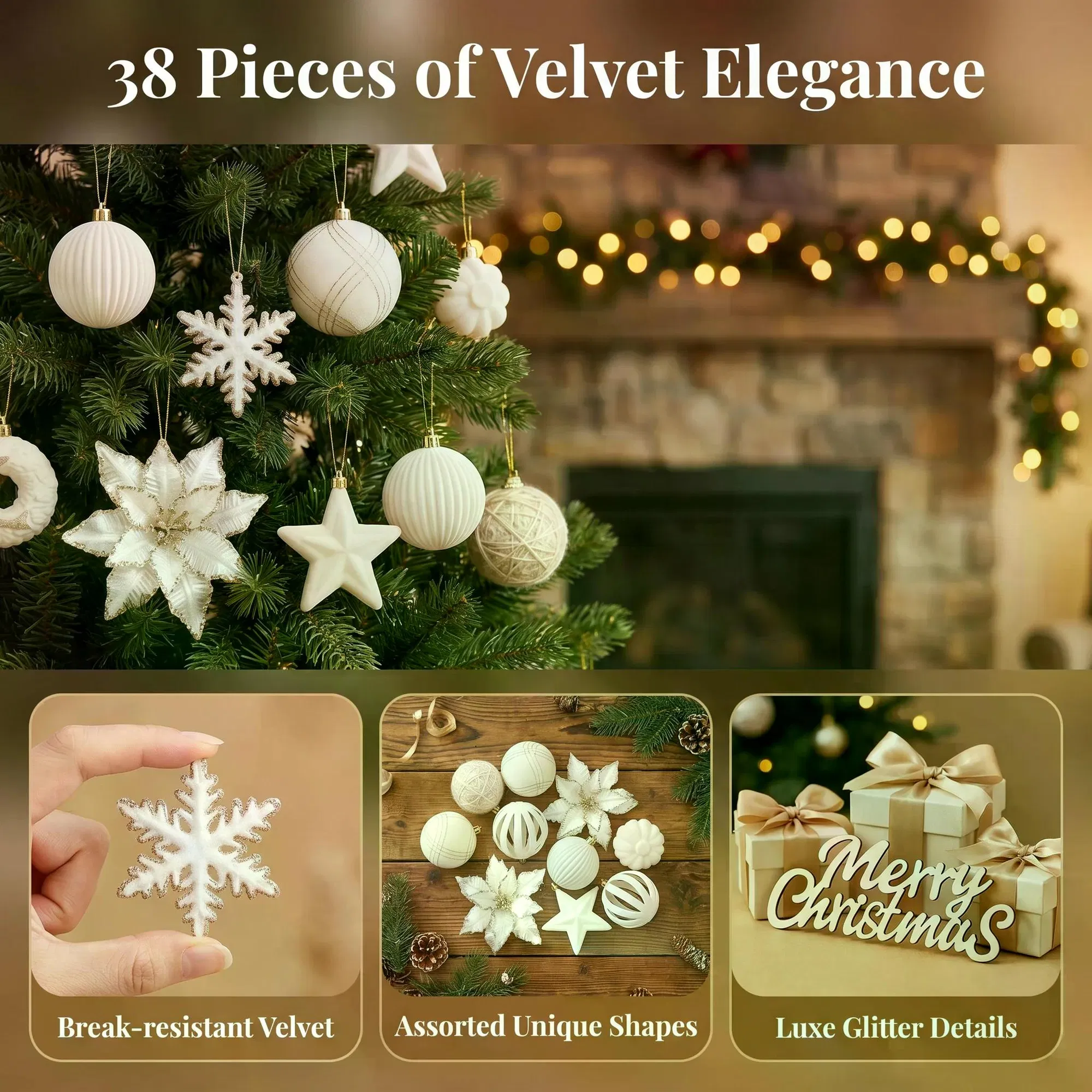 38Pcs Velvet Christmas Tree Ornaments Set, Flocked Plush Christmas Balls, Poinsettia Flower, Star, Bow, Merry Christmas Wooden Sign, Xmas Hanging Decorations for Home Holiday Party photo 6