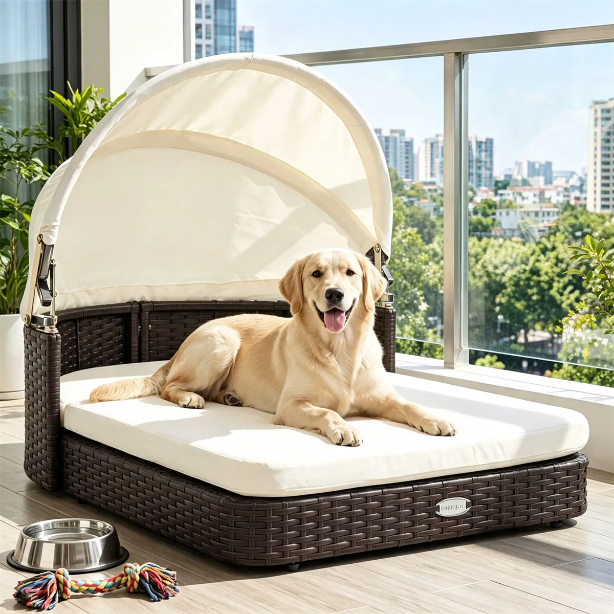 Hand-Woven PE Rattan Dog Bed with Adjustable Canopy, Elevated Outdoor Pet Daybed with Washable Plush Cushion, Anti-Slip Breathable Pet Shelter for Indoor Patio Garden-White photo 8