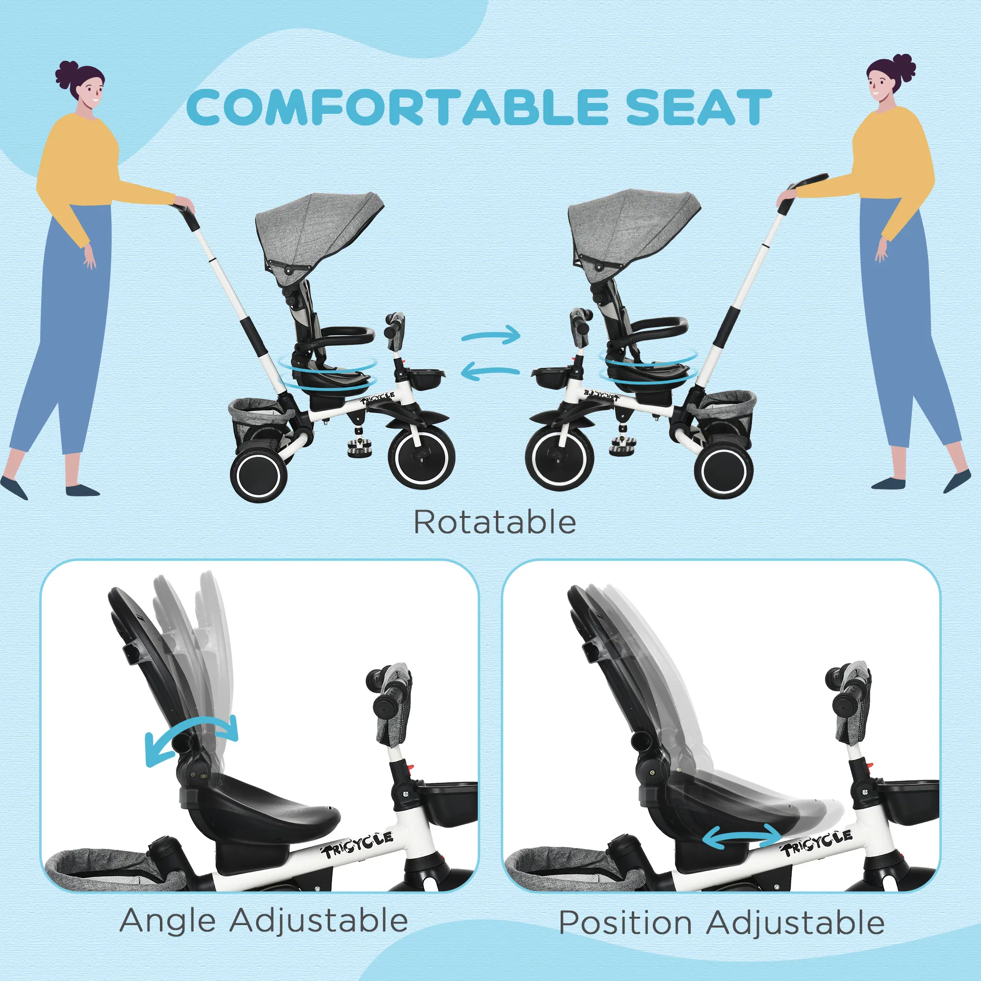 6-in-1 Toddler Tricycle for 12-50 Months, Foldable Kids Trike with Adjustable Seat and Push Handle, Safety Harness, Removable Canopy, Footrest, Grey photo 6