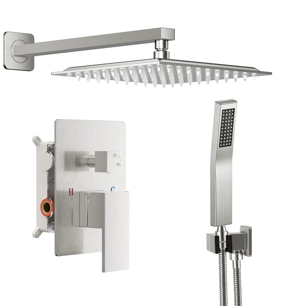 Wall-mounted shower faucet set - 10-12inch square overhead spray + handheld shower head with pressure balance and temperature control valve photo 5
