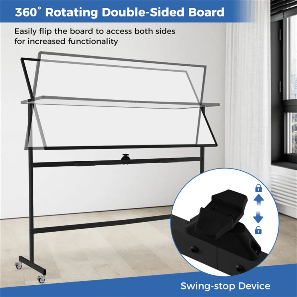 360° Rotating Double-Sided Magnetic Whiteboard, 182.88×91.44cm Writing Surface Mobile Dry Erase Board with Casters, Black photo 3