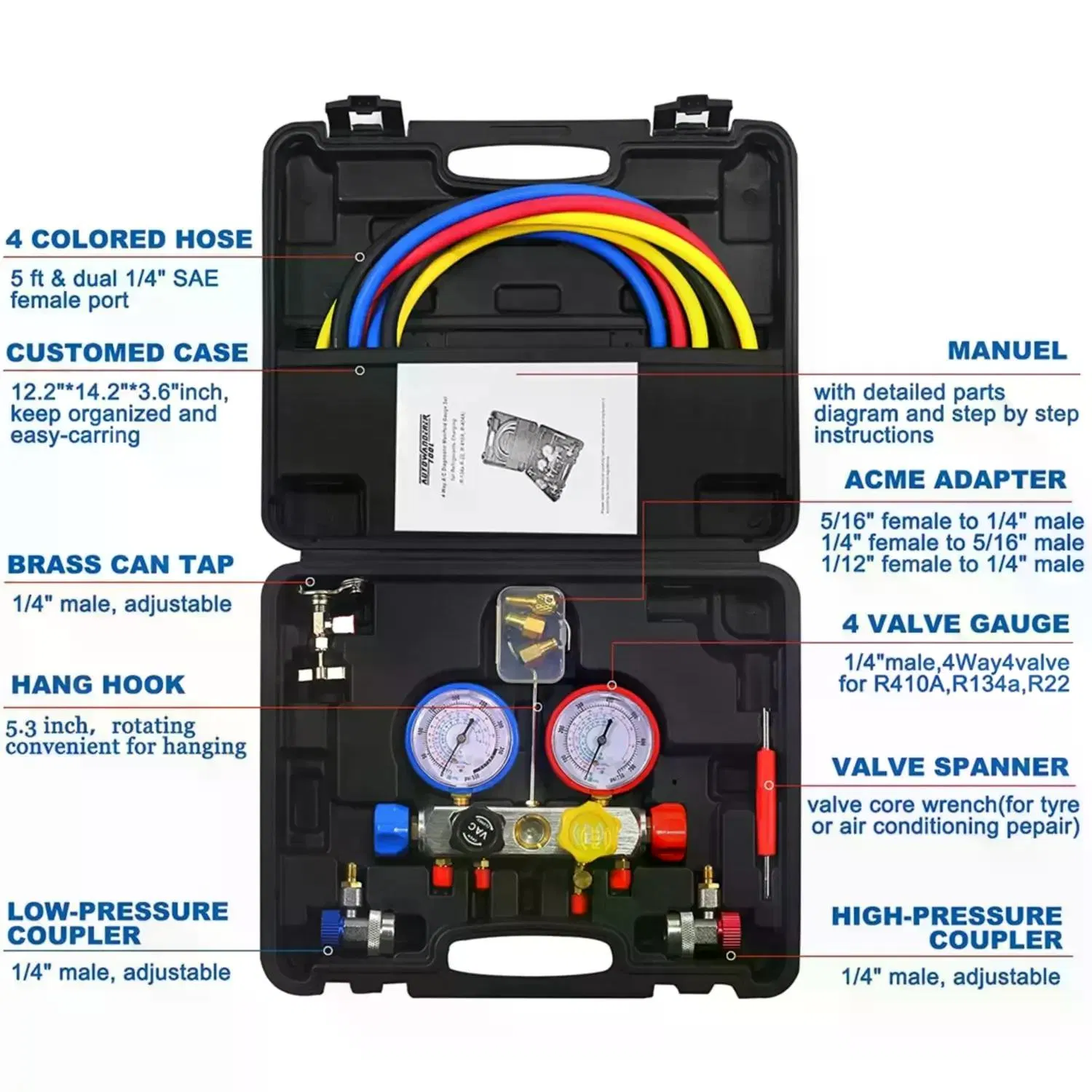 R134/R22/R404A/R407C Dual Manifold Gauge Set – AC Refrigerant Diagnostic Recharge Kit with Hoses, Adjustable Adapters, Can Tap, Valve Core Tool, for Car Air Conditioning photo 2