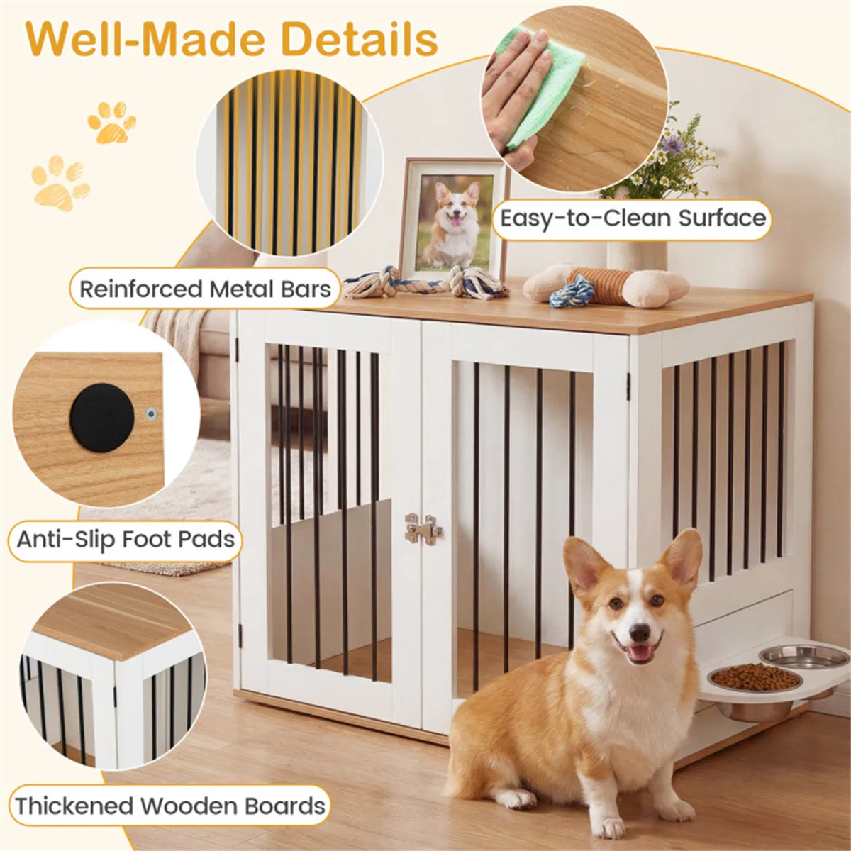 Furniture Style Dog Crate with 360° Rotating Feeder & 304 Stainless Steel Bowls, Double Locking Indoor Dog Kennel photo 8