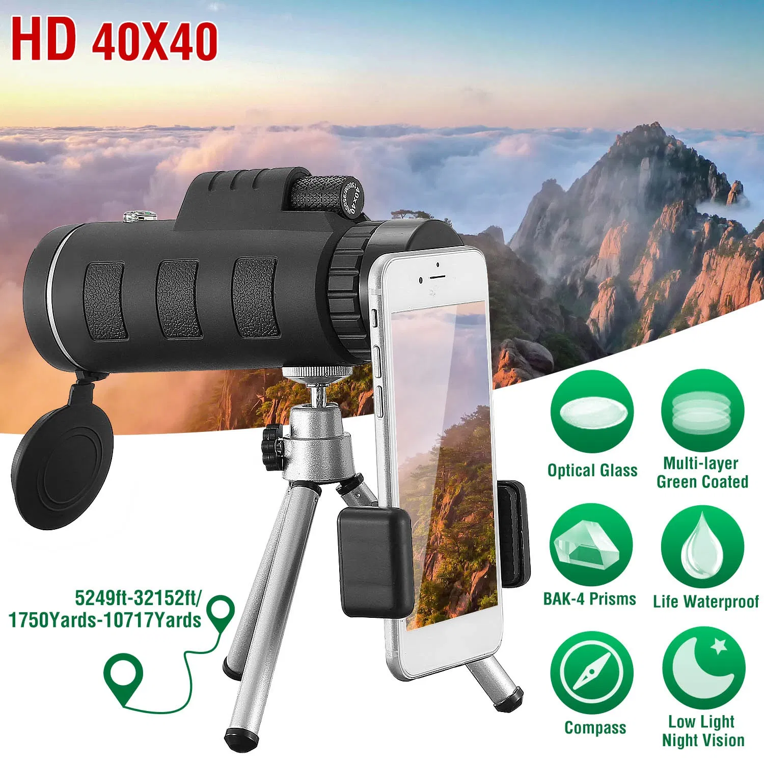 40x40 HD Optical Monocular Telescope w/ FMC Lens Low Light Vision Scope Phone Holder Tripod Compass photo 1
