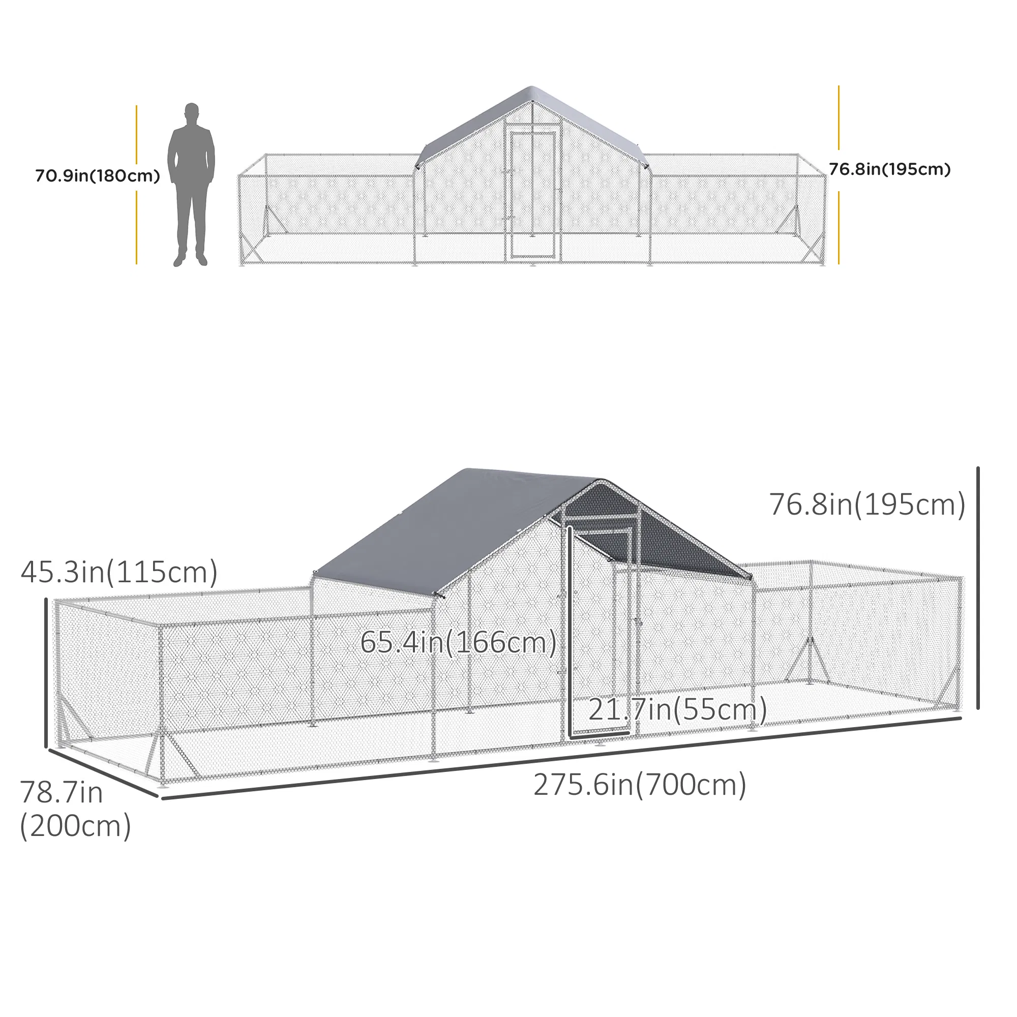 Chicken Run, 23' x 6.6' Metal Chicken Coop with Waterproof and Anti-UV Cover, Spire Roof, Door, for 12-14 Chickens, Ducks, Rabbits, Sliver photo 6