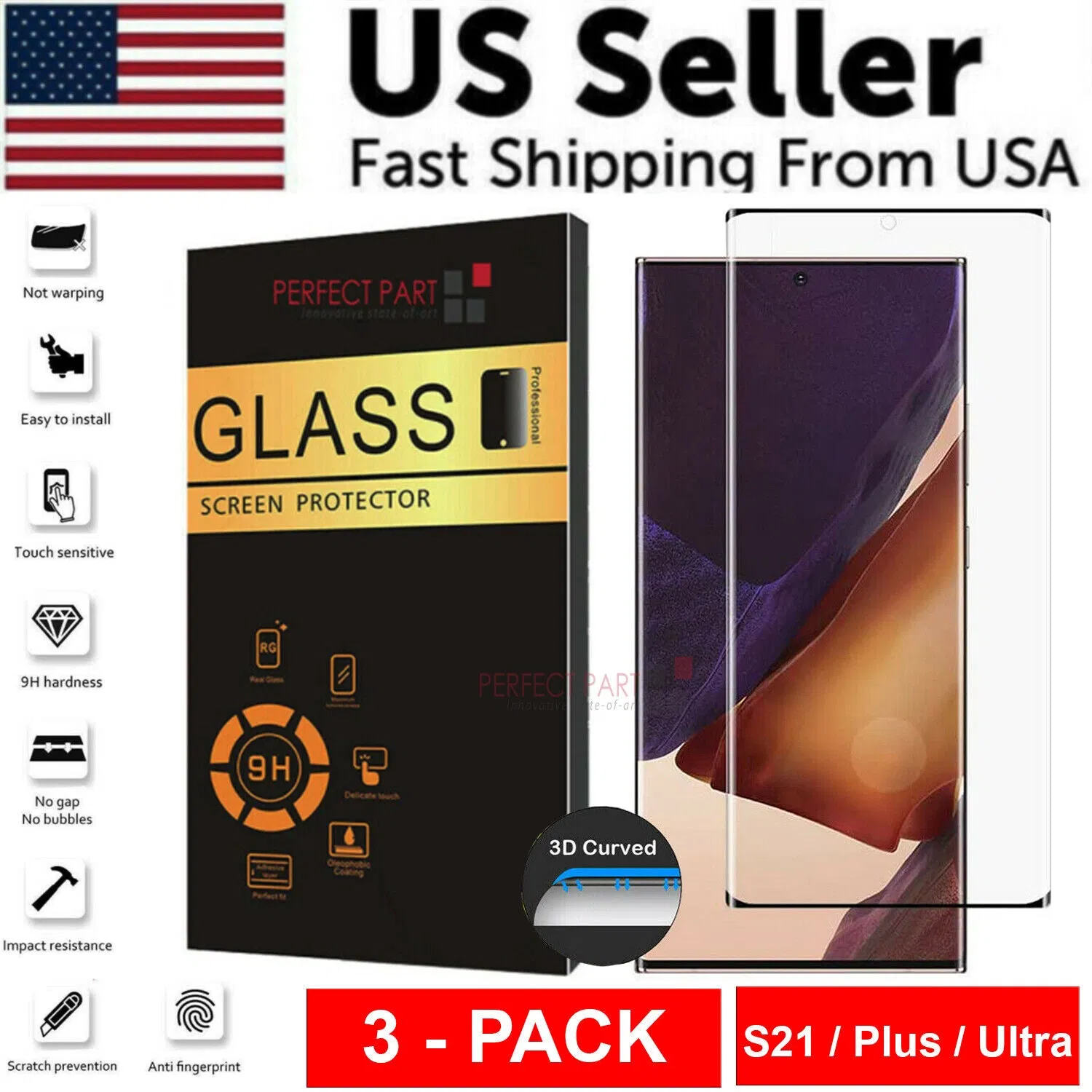 3 PACK - For Samsung Galaxy S21 PLUS ULTRA Tempered Glass Screen Protector Clear photo 1