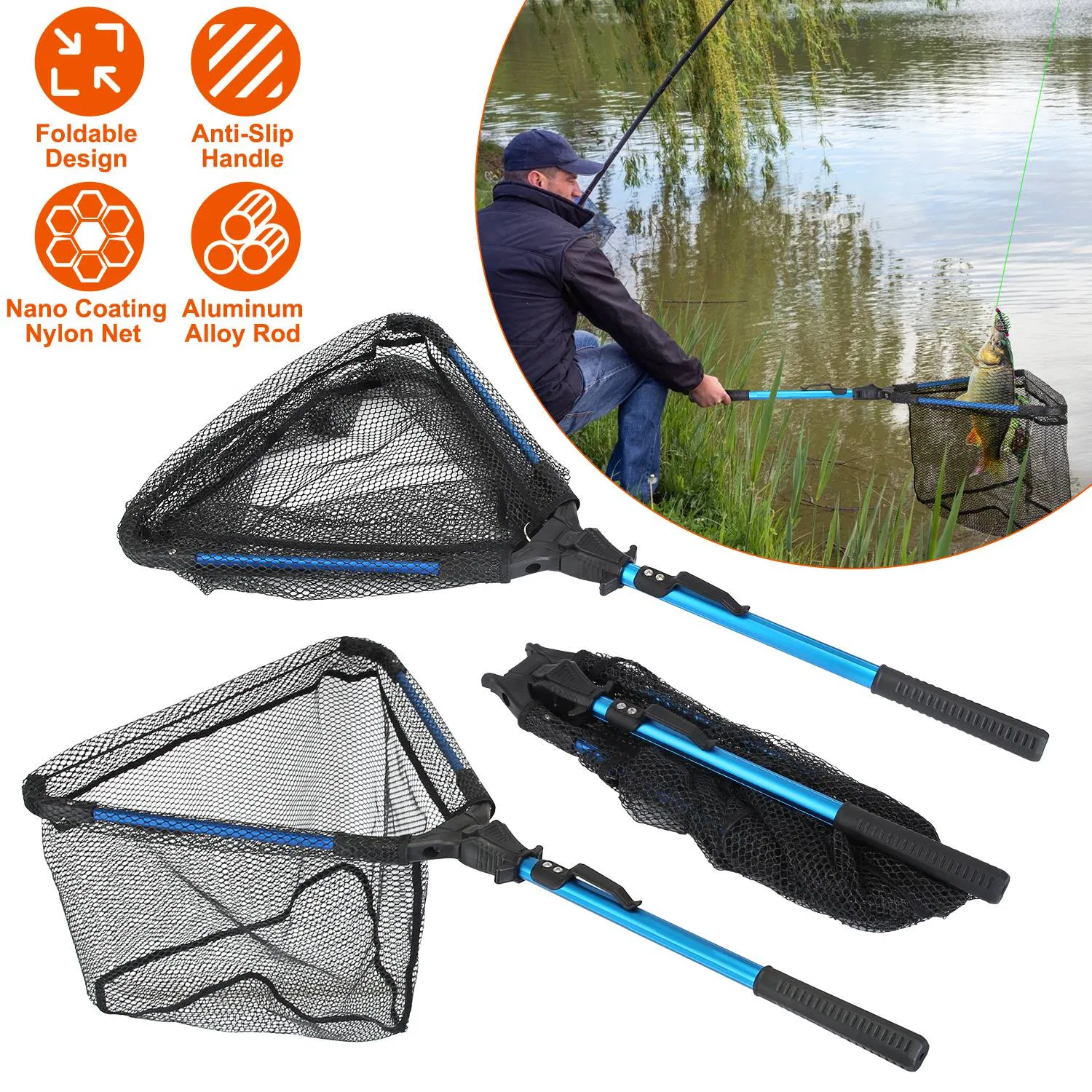 Foldable Fishing Net With Aluminum Alloy Rod EVA Handle Durable 5MM Hexagonal Nano Coating Nylon Mesh Collapsible Landing Net Safe Fish Catching or Releasing photo 1
