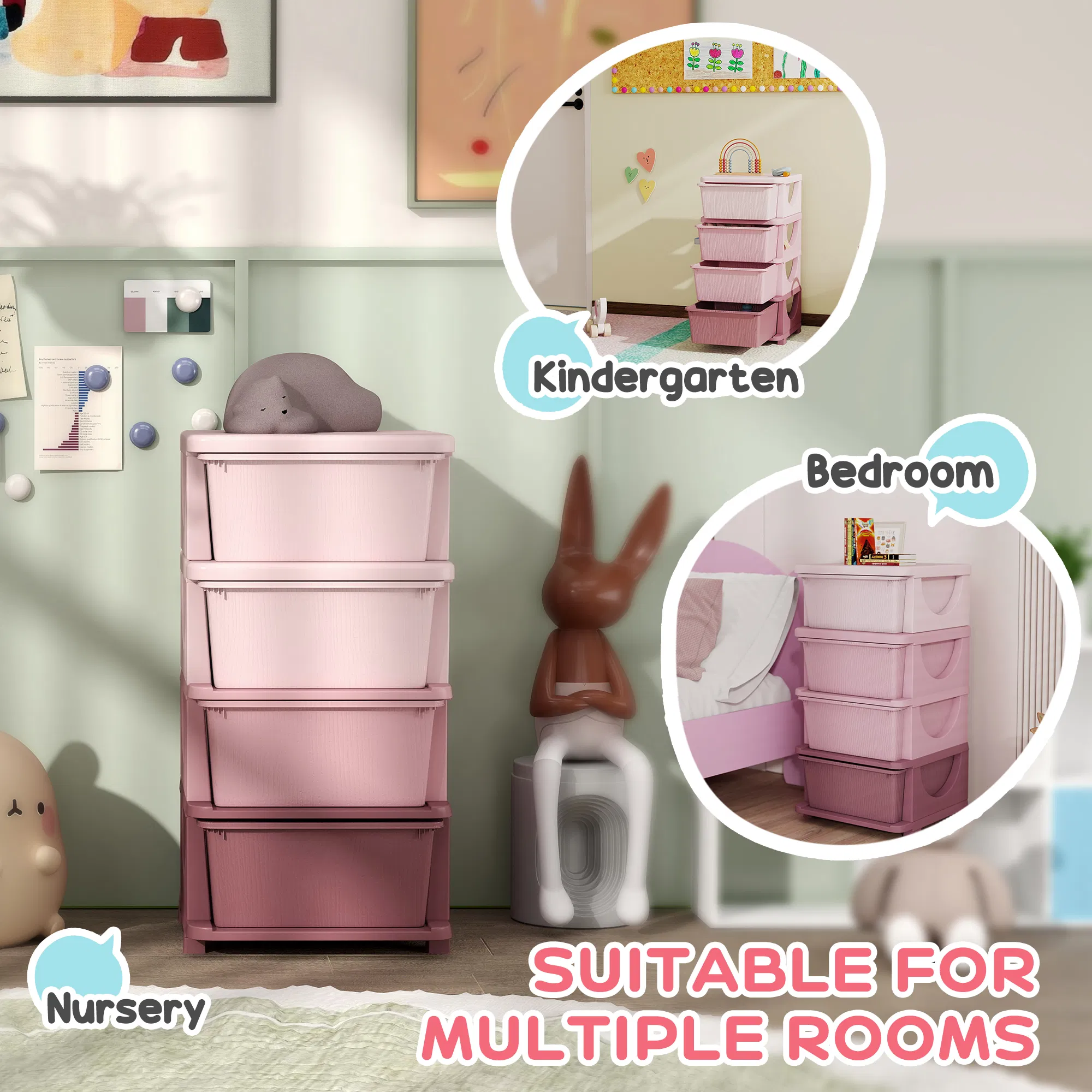 4 Tier Kids Toy Organizer and Storage Bins with 4 Plastic Drawers, Pink photo 6