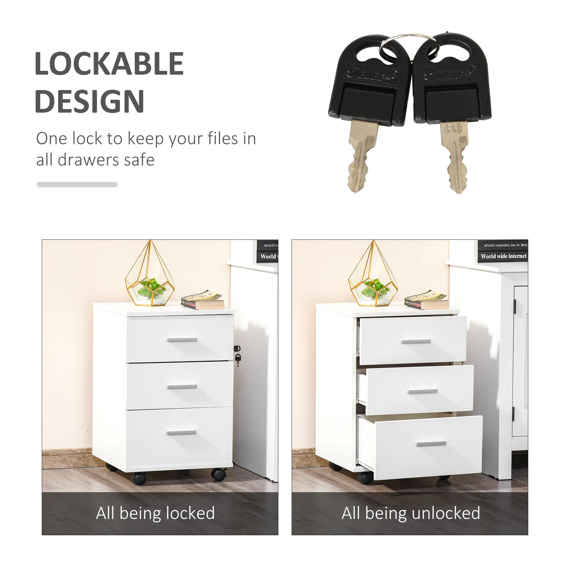 Mobile Filing Cabinet with Wheels, 3 Drawer File Cabinet with Lock and Keys for Home Office, White photo 6