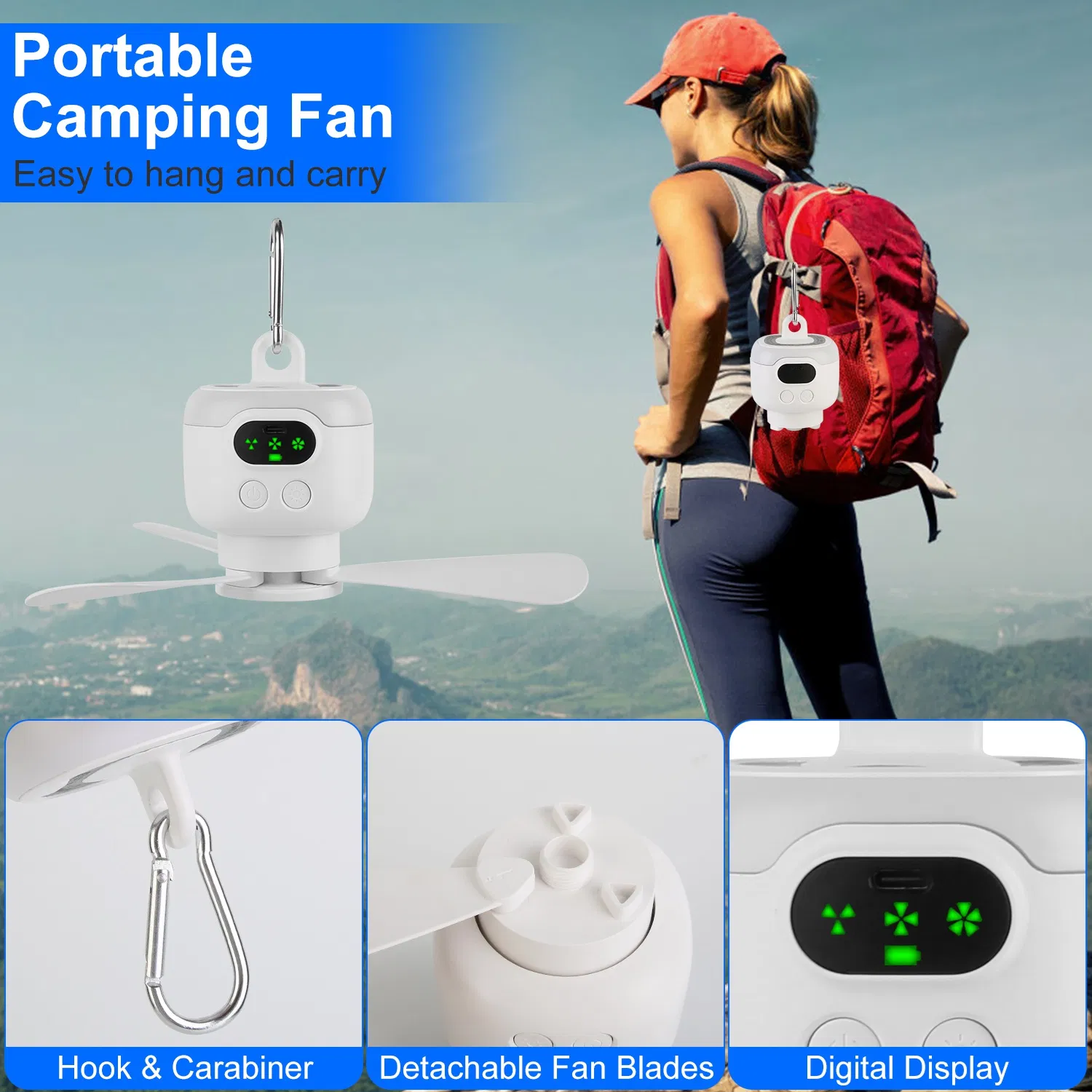 2 In 1 Portable Camping Fan with LED Lantern 8000mAh Battery Powered Tent Fan with Carabiner Digital Display 4 Speeds 4 Timer Settings for Camping Canopy Tents RV photo 7