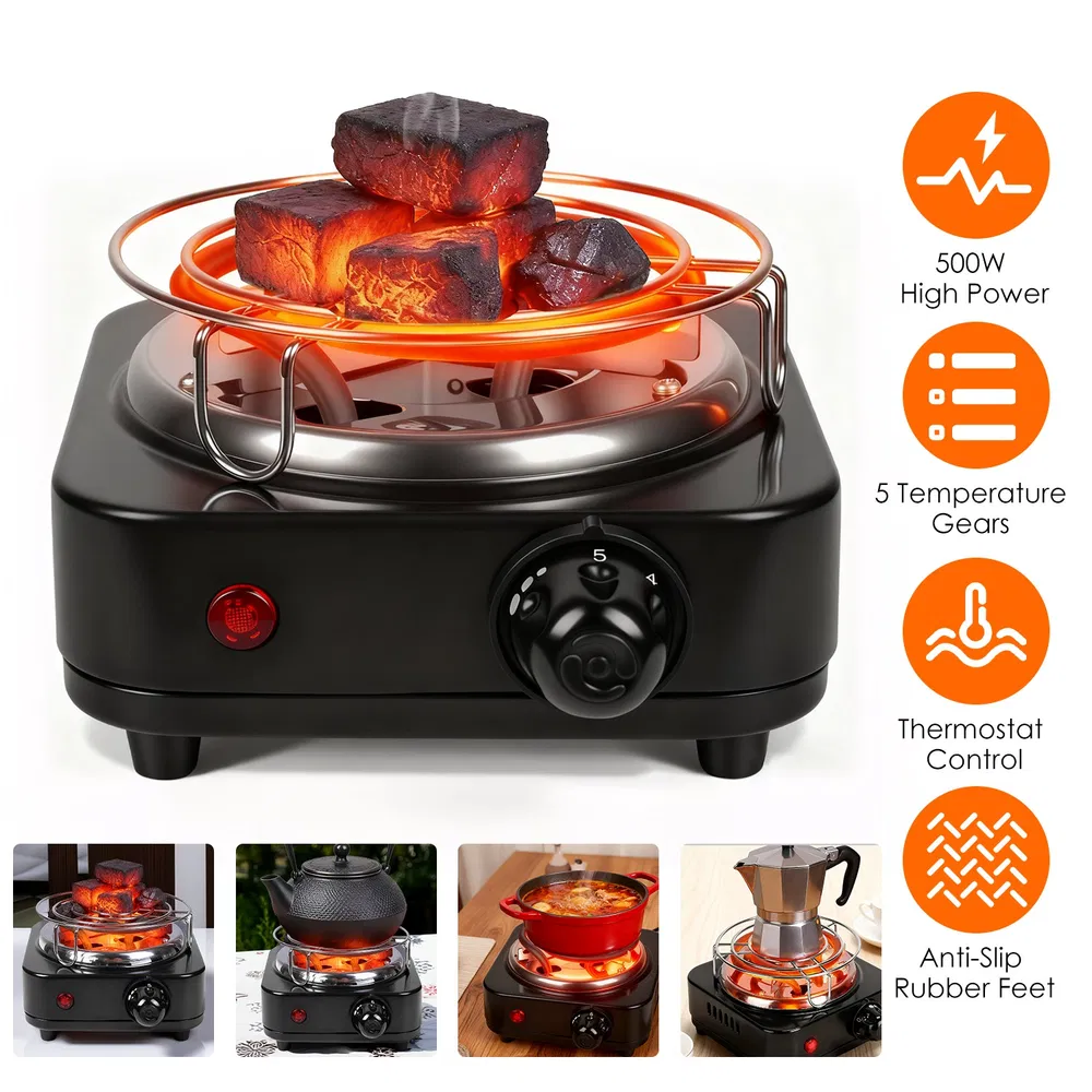 Fast Heating Hookah Coal Heater 500W - 5 Temperature Gears, Safe Thermostat Design, Rust-Resistant Stainless Steel, Bonus Tongs & Grid for Indoor/Outdoor BBQ photo 8