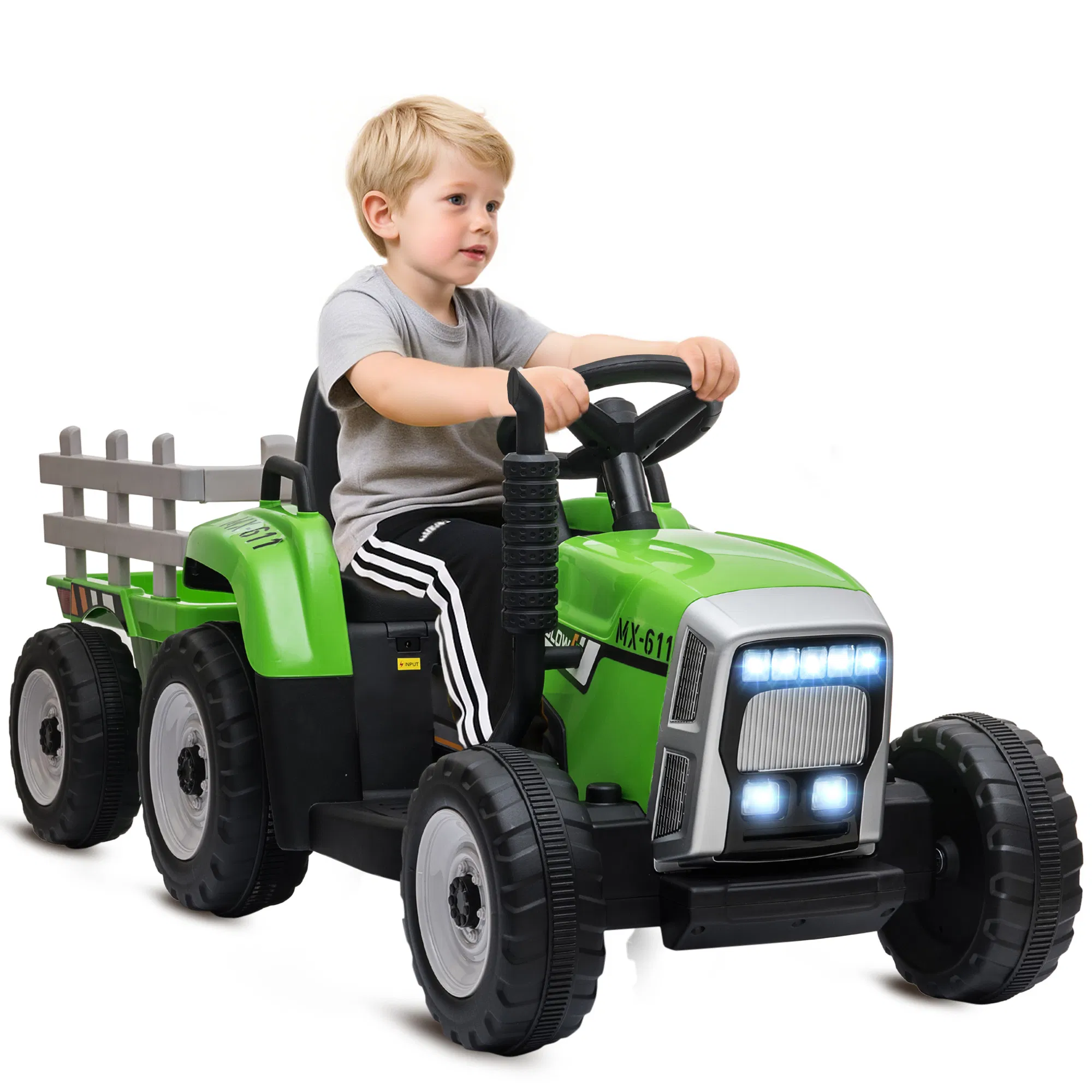12V Kids Ride on Tractor with Trailer, Battery Powered Electric Tractor with Remote Control, Music Start up Sound and Horn, USB, LED Lights, Green photo 1