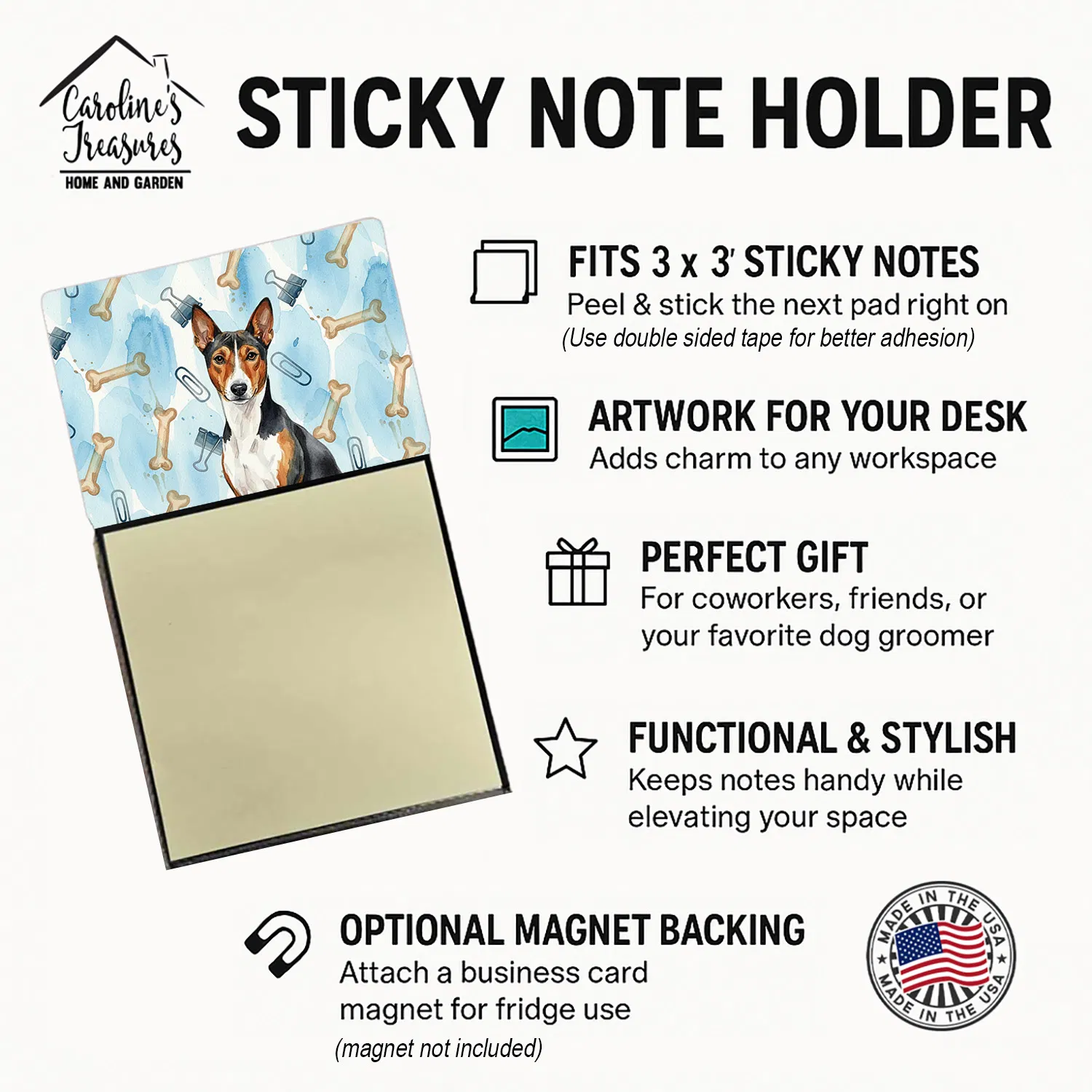Tricolor and White Basenji Coworker Watercolor Sticky Note Holder Refillable Dispenser Desk Accessory 3x3 Pad Gift photo 5