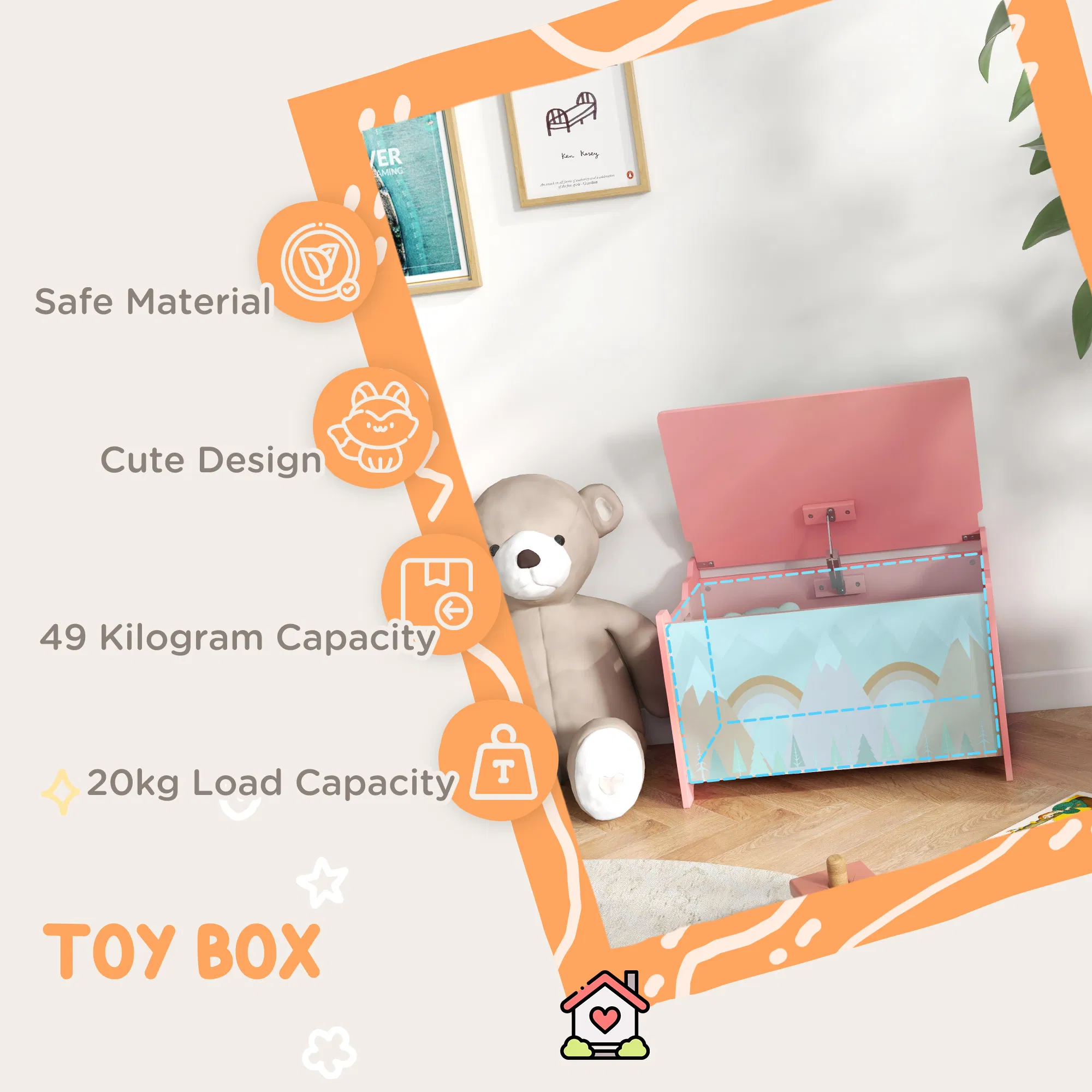 Toy Box with Lid, Toy Chest Storage Organizer for Bedroom with Safety Hinge, Pink photo 2