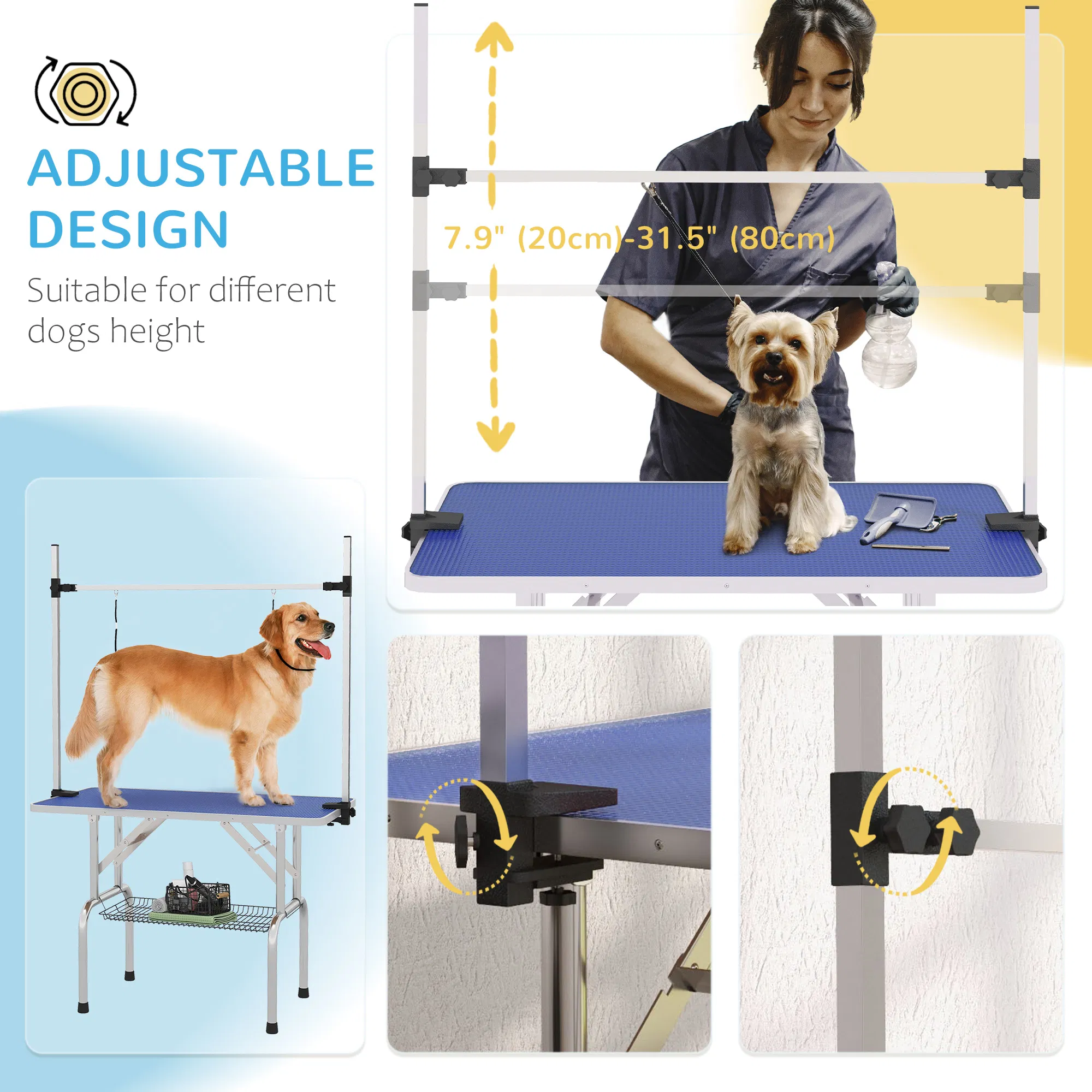 Adjustable Dog Grooming Table with 2 Safety Slings, Storage Basket, Blue photo 2