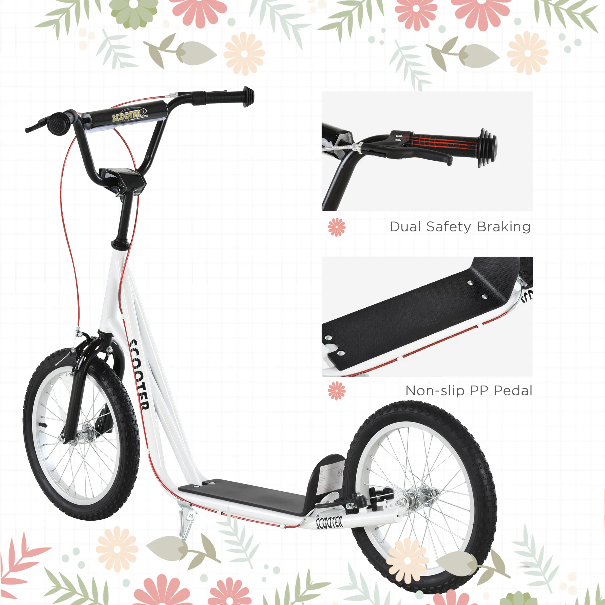 Kids Kick Scooter for 5+ Year Old, Kids Ride on Toy w/ 16'' Inflatable Wheel Dual Brakes, White photo 6