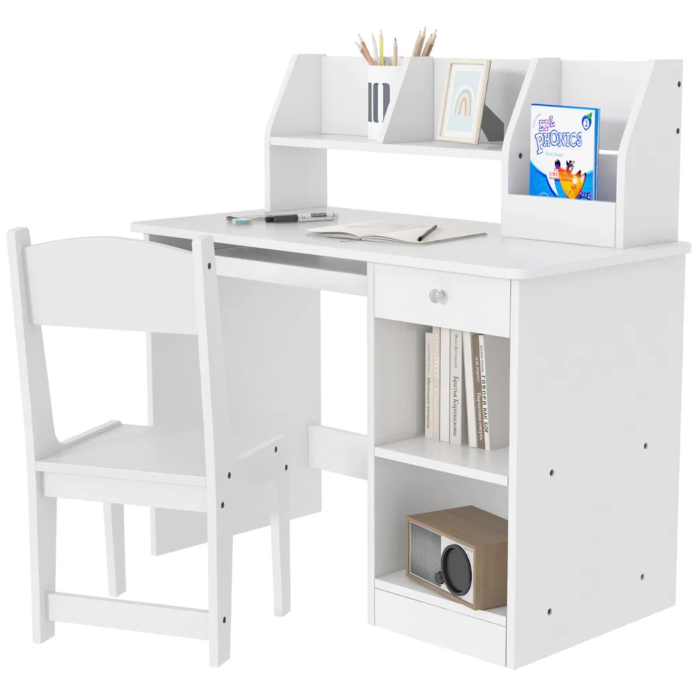 Kids Desk and Chair Set for 5-8 Year Old with Storage, Study Table and Chair for Children, White photo 7