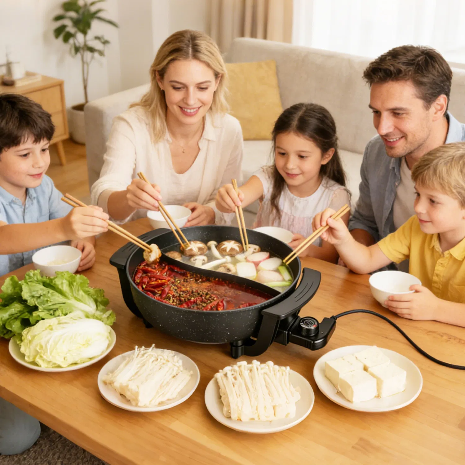 Dual-Flavor Electric Hot Pot 6L with Divider, 5 Temperature Control Non-Stick Shabu Shabu Pot, Complete Accessories Electric Cooker for Home Party Family Dinners photo 2