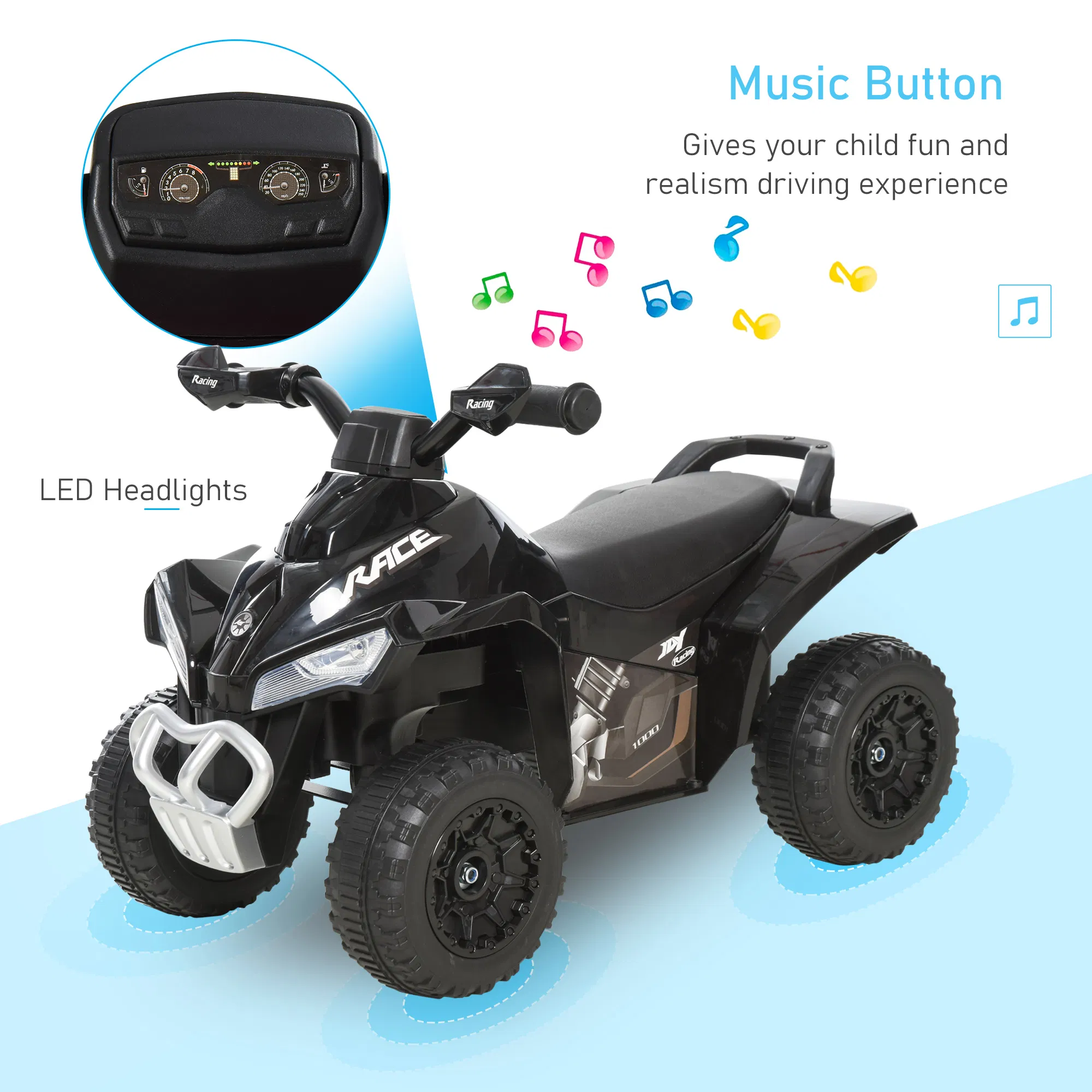 No Power 4 Wheels Ride on Toy for Kids, Foot To Floor Slider Toddler Ride-on Car with Music, Lightening, for 18-36 Months Black photo 4
