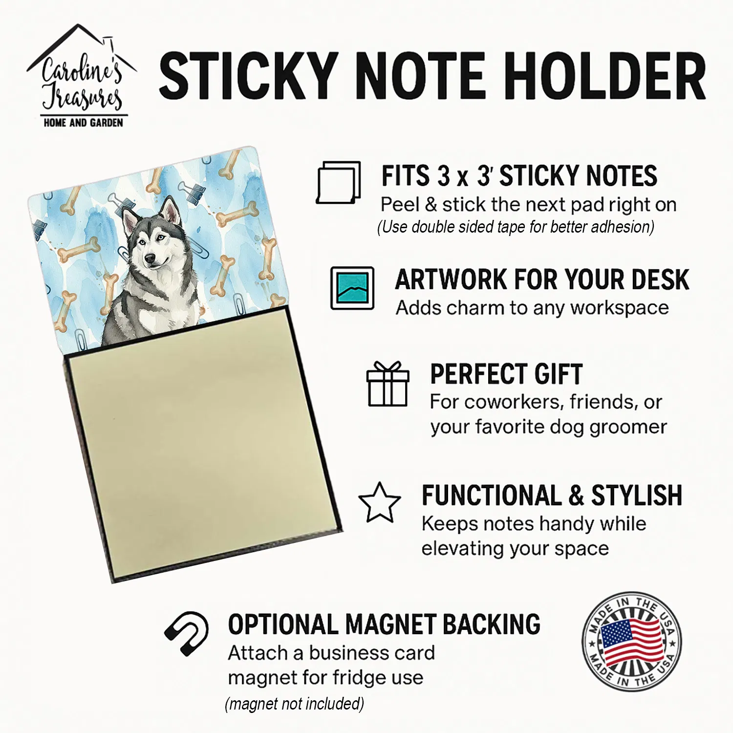 Gray and White Alaskan Malamute Coworker Watercolor Sticky Note Holder Refillable Dispenser Desk Accessory 3x3 Pad Gift photo 4