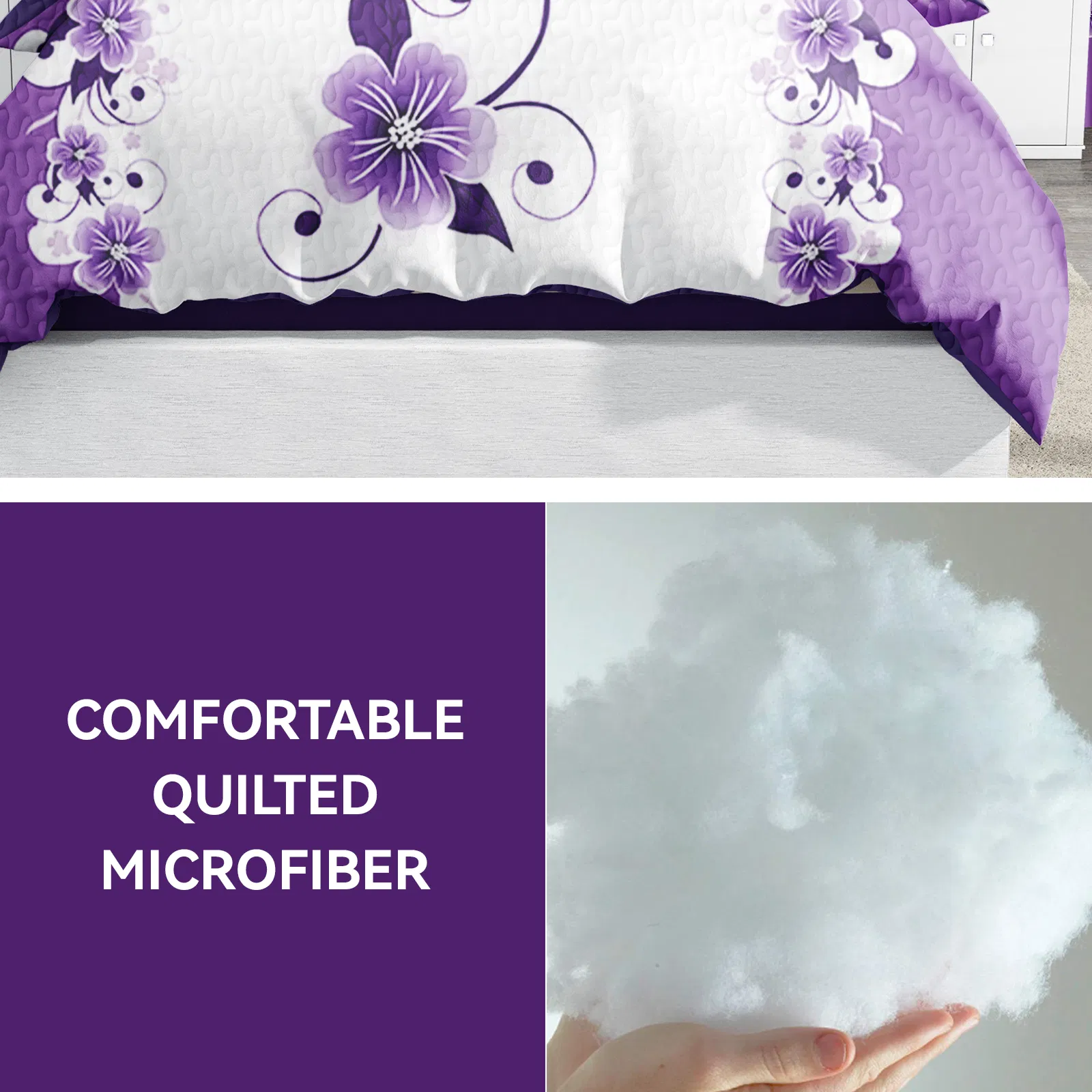9-Piece Purple Floral Bedding & Curtain Set (Queen/King/Cal King) - Quilted Microfiber Bedspread + Sheer Curtains photo 3