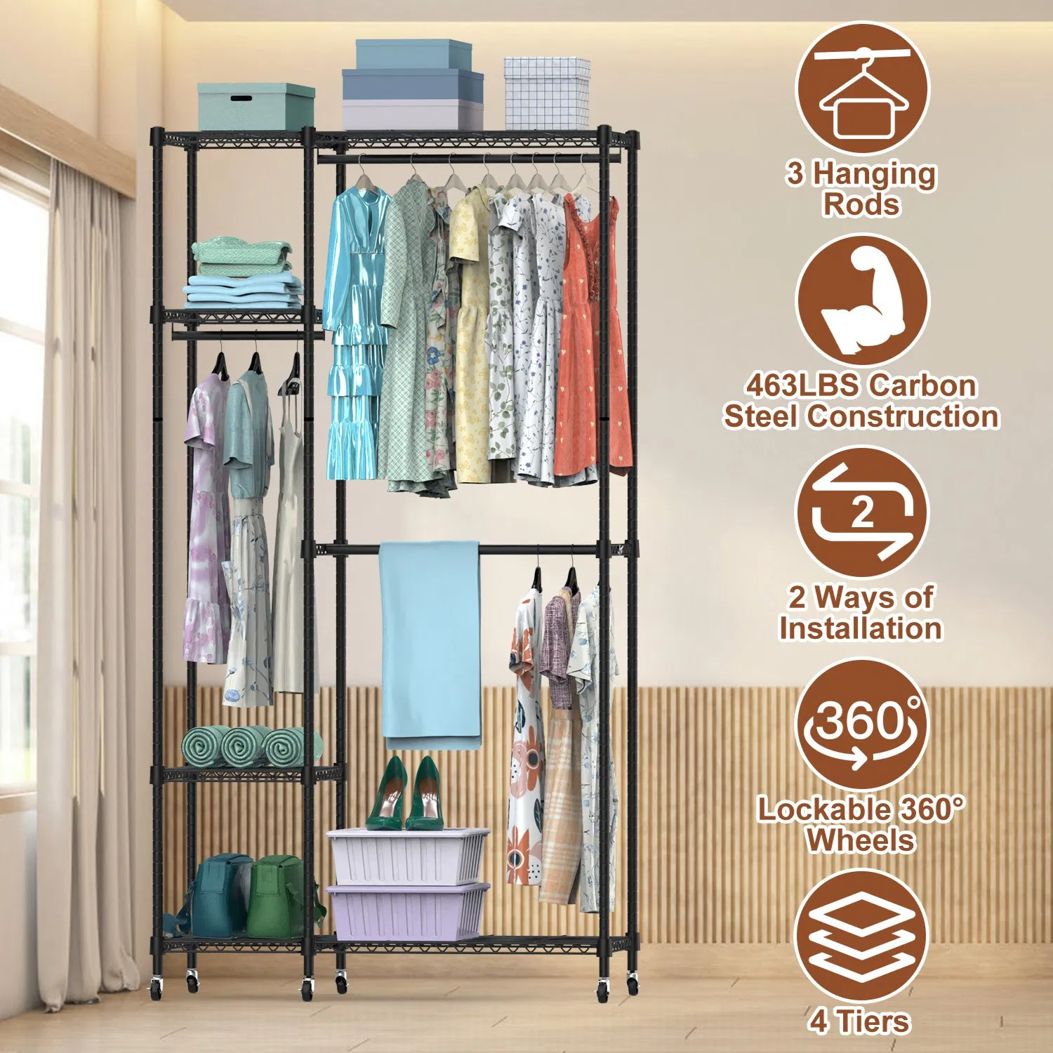 4 Tier Heavy Duty Garment Rack with Wheels Carbon Steel Clothing Rack Portable Wardrobe Clothes Rack with 3 Hanging Rods 6 Footrests 44.9x17.13x77.95in photo 1