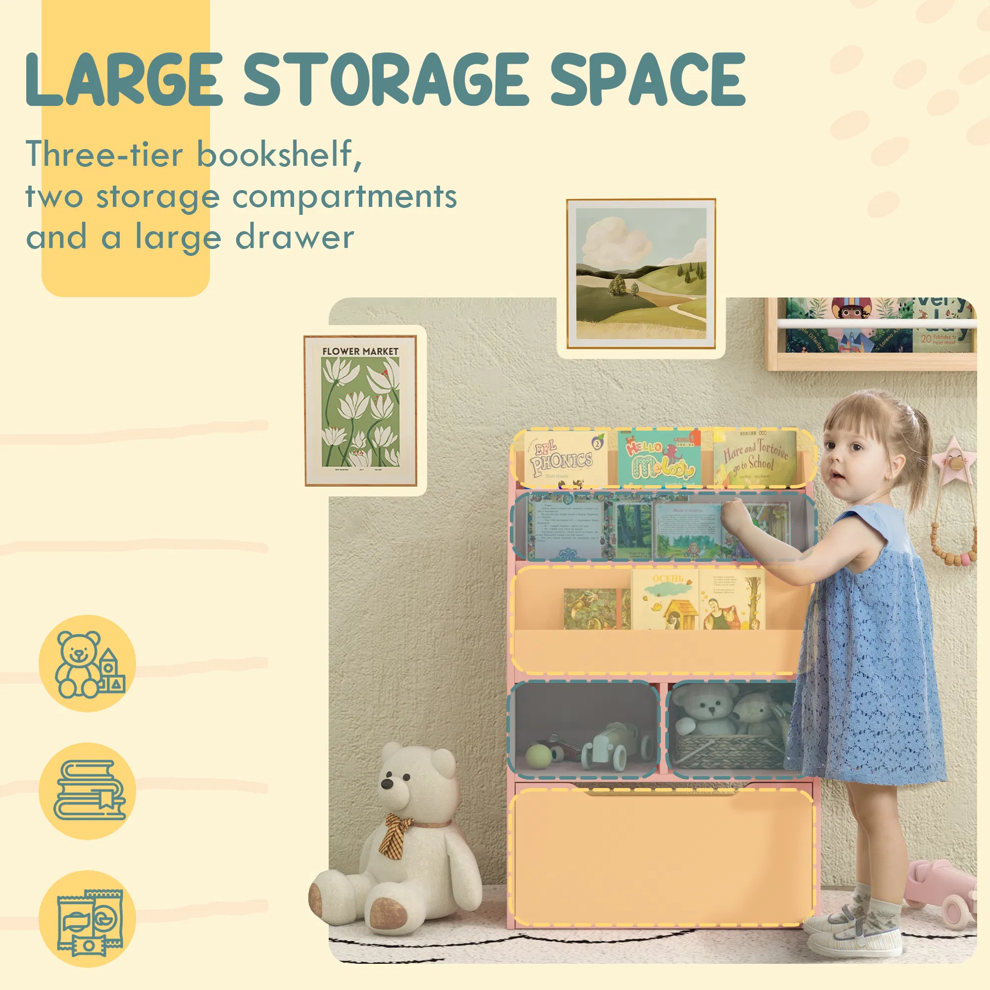 Kids Bookcase with Storage Drawer for Books, Reading Nook, for Classroom, Bedroom, Playroom, Pink photo 4