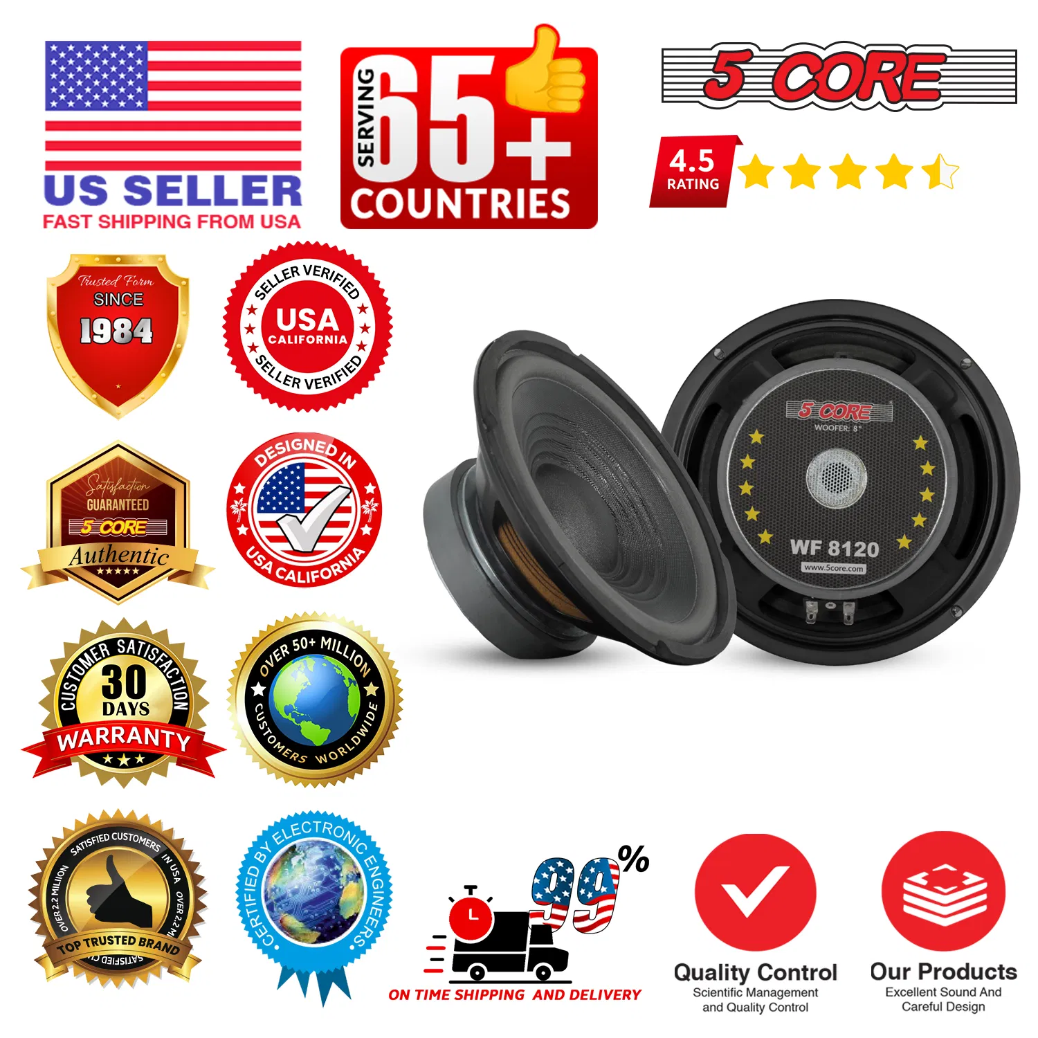 5 Core 8 Inch Woofer 200W Car Audio Subwoofer 8 or 4 Ohm Impedance Replacement Deep Bass Sub w 30 Oz Y30 Magnet Poly Cone Rubber Surround for Vehicle Sound System - WF 8 120 PP 4OHM photo 5