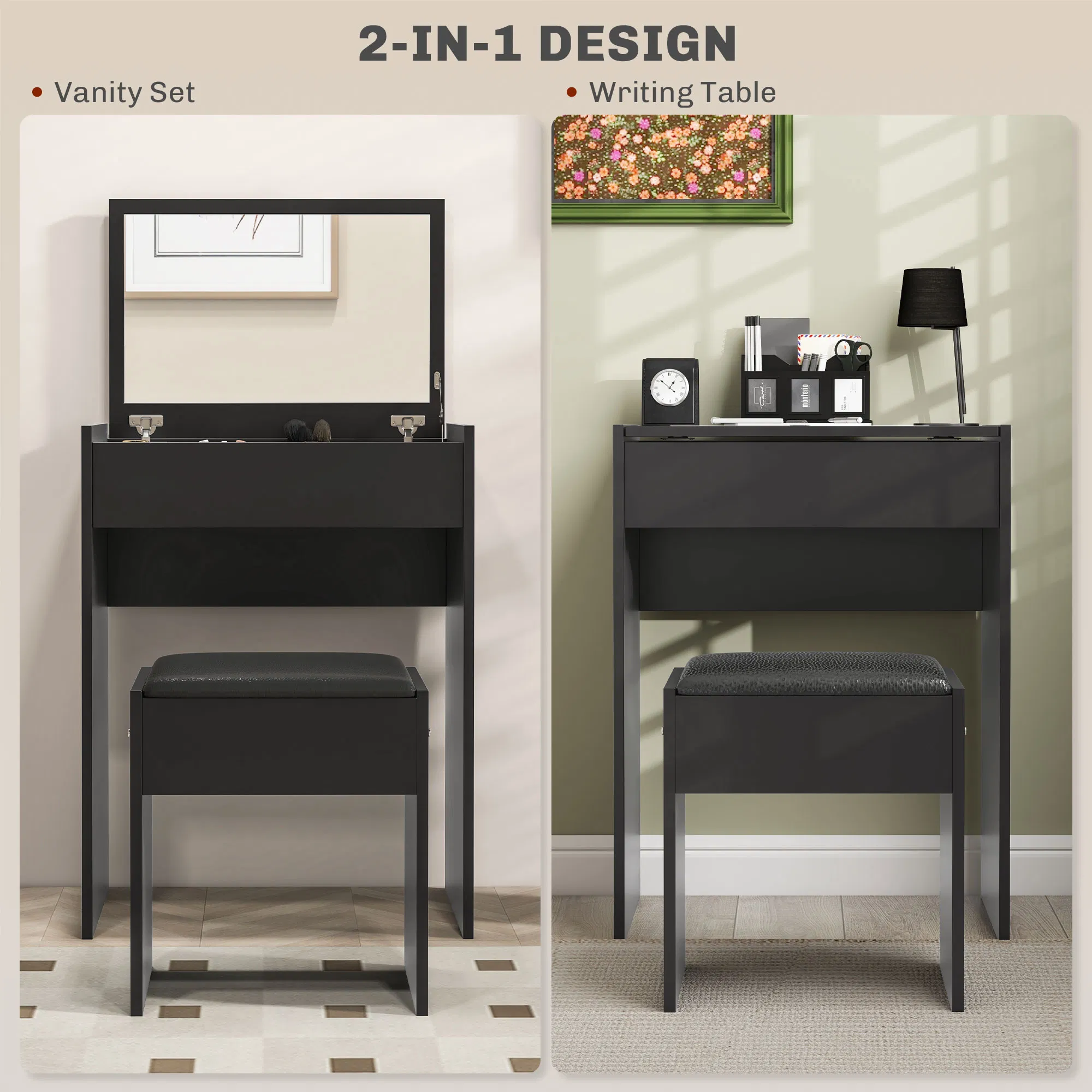 Modern Vanity Set with Makeup Table and Cushioned Stool, Dressing Table with Flip Top and Mirror for Bedroom, Black photo 2