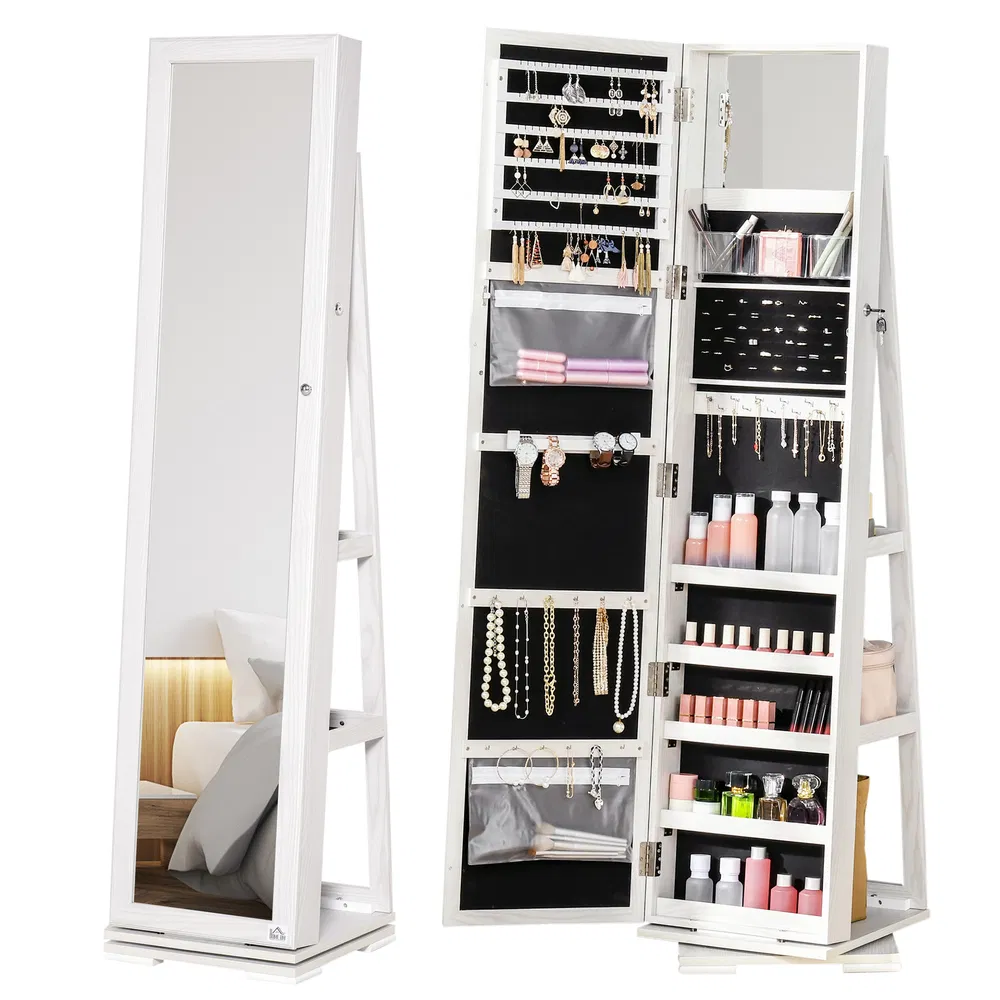 360 Swivel Jewelry Cabinet with Full Length Mirror Lockable Organizer White photo 7