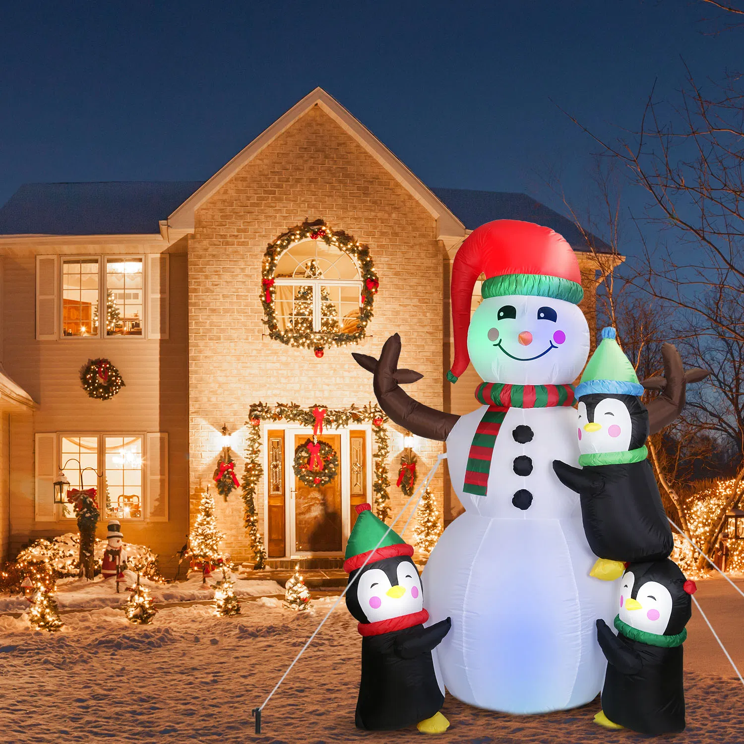 5.9FT Christmas Inflatable Decoration - Snowman & 3 Penguins with 5 LED Lights Includes Stakes/Ropes/Sandbags for Yard, Garden, Outdoor Indoor Decor photo 1