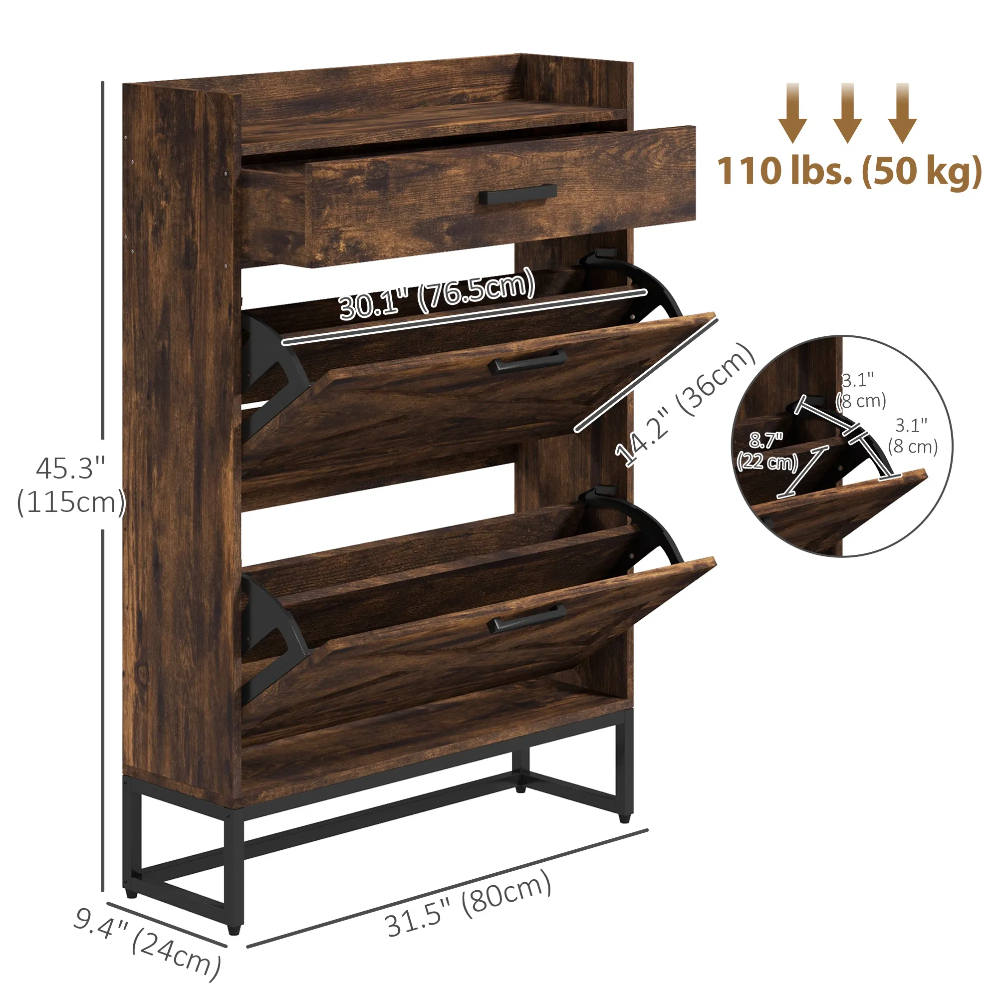 Slim Shoe Storage with 2 Flip Drawers and Adjustable Shelves Shoe Cabinet Organizer for 12 Pair, Rustic Brown photo 5